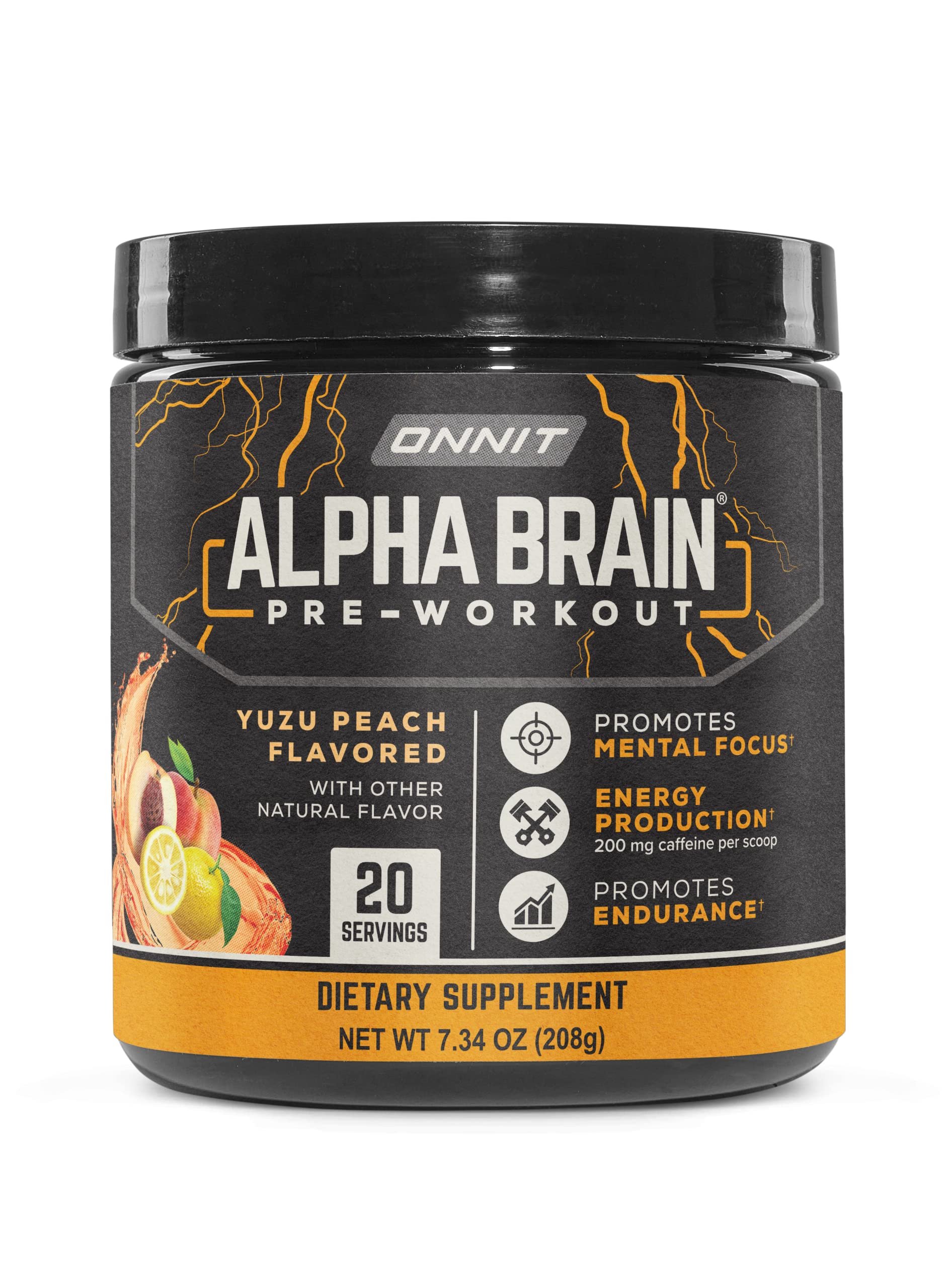 ONNIT Alpha Brain Pre-Workout - Yuzu Peach - 7.34 oz Tub (20 Serving Tub)