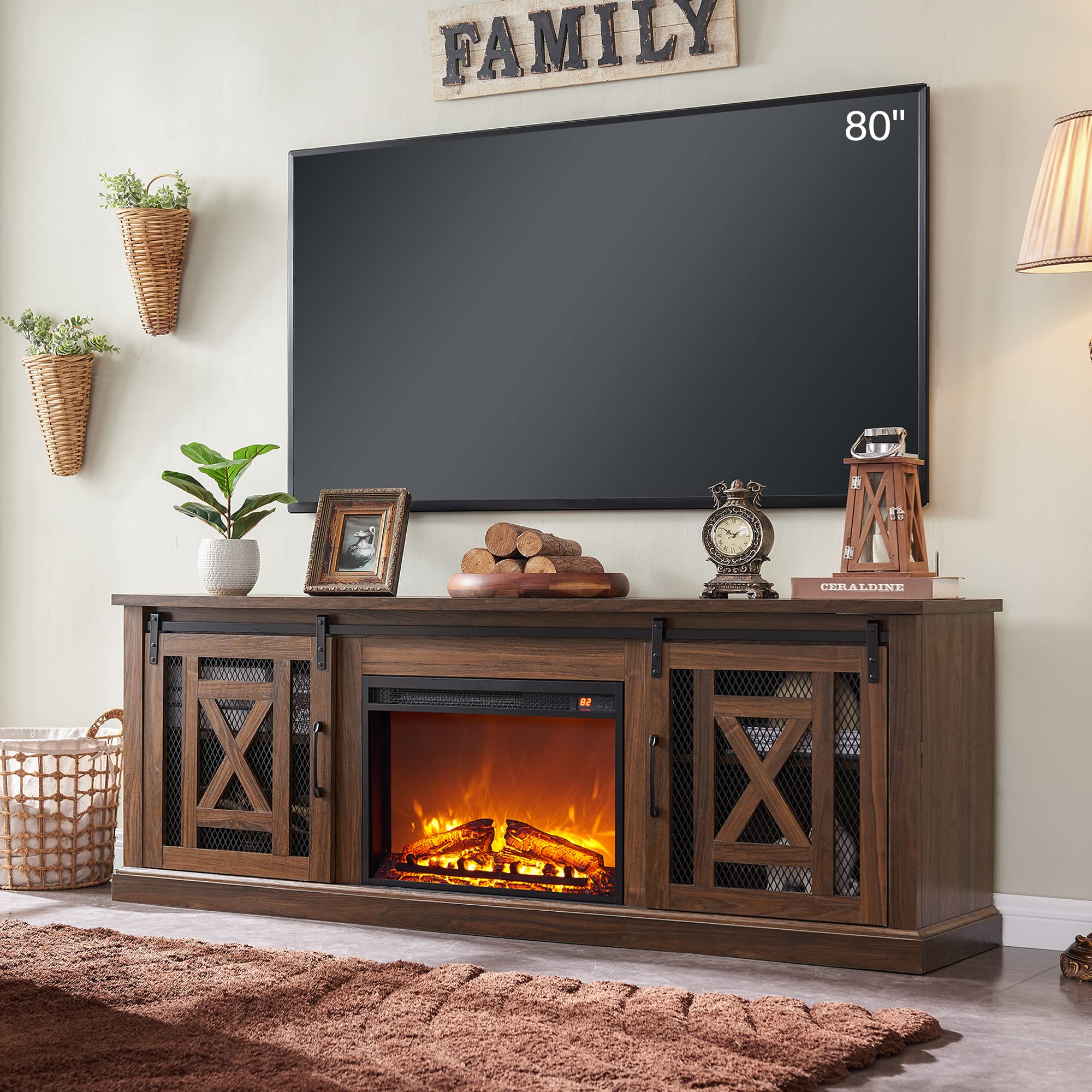 JXQTLINGMU Electric Fireplace TV Stand for TVs up to 80 Inches, Farmhouse Entertainment Center w/Sliding Barn Door & Adjustable Storage Shelves, 70" Large Media Console Table for Living Room, Brown