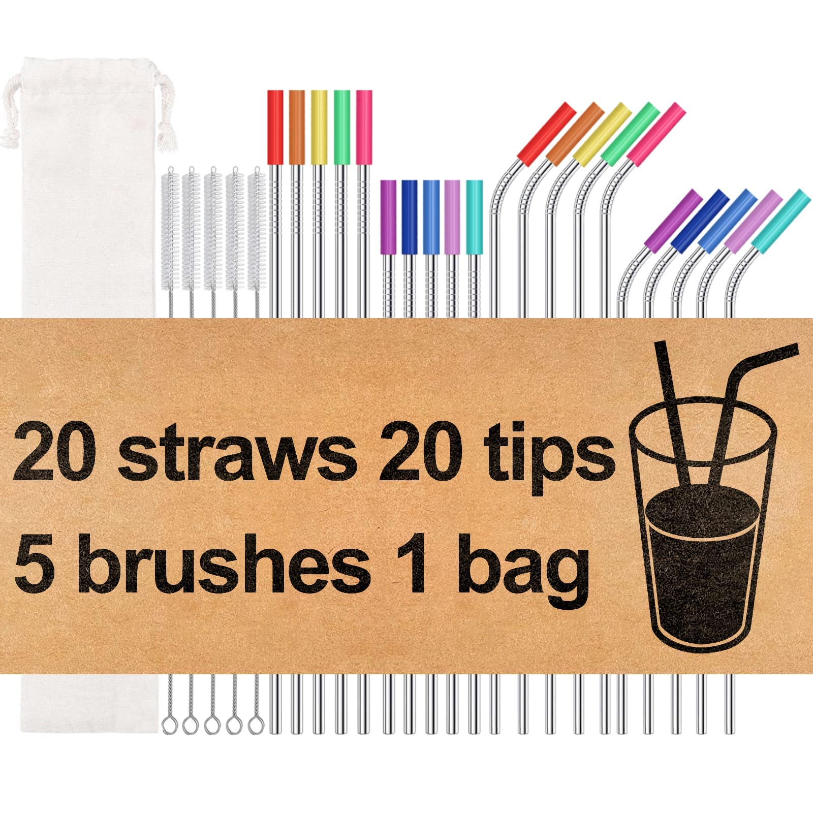 MUTNITT20 Pack Reusable Stainless Steel Straws,10.5" & 8.5" Reusable Drinking Straws with 20 Silicone Tips 5 Straw Brushes 1 Travel Case,Eco Friendly Extra Long Metal Straw Fit for 20 24 30 oz Tumbler