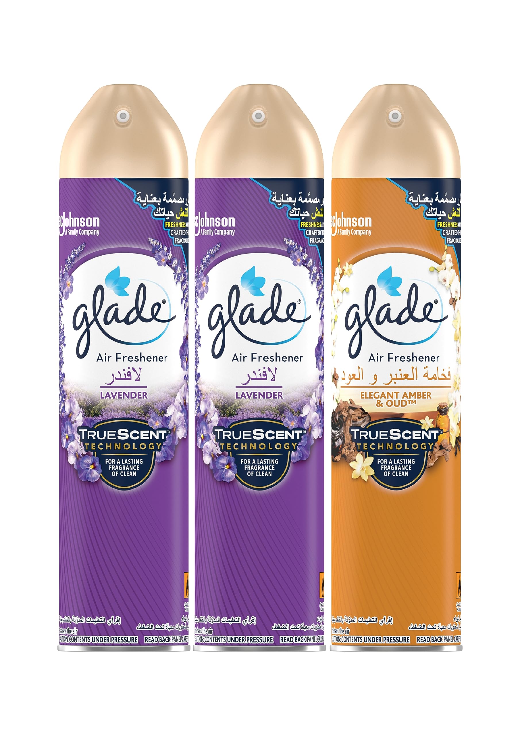 Glade Aerosol 2 x Lavender & 1 x Elegant Amber & Oud Air Freshener, Refresh Every Room In Your Home, 3 x 300ml