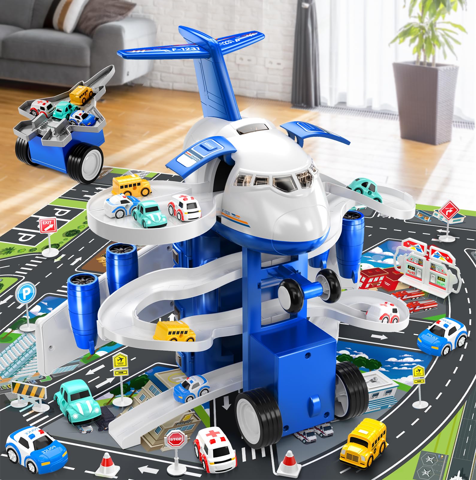 TEMI Kids Airplane Boy Toys for 3 4 5 Year Old Boys - Car Race Track for Kids Ages 3-5 with 8 Mini Car Toys, Toddlers Educational Toy, Birthday Gifts for Boys 3-5, Birthday Gift for Boys Girls 3-5