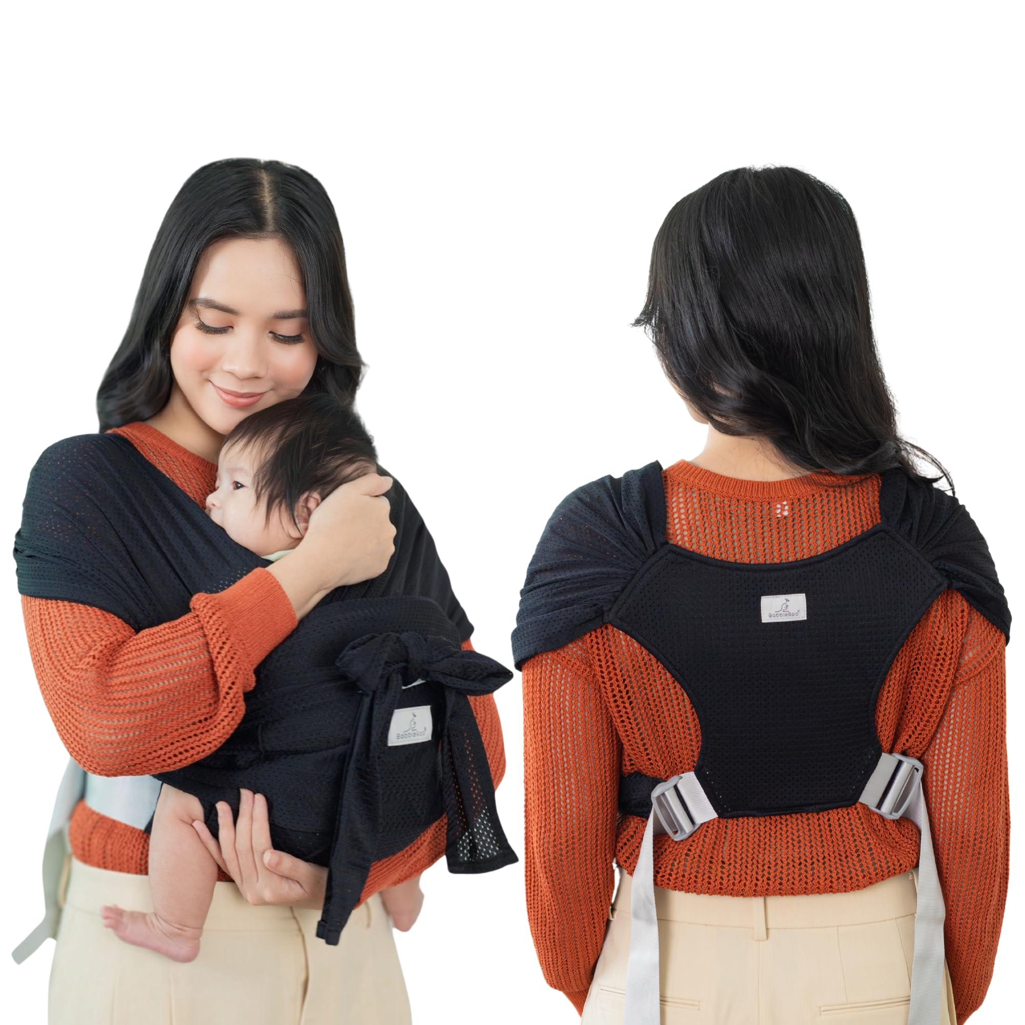 BabbleRoo Baby Wraps Carrier - Baby Essentials Baby Sling Carrier, Secure & Comfortable, Breathable, Easy-to-use, Adjustable XS to XL, Promoting Parent-Child Bonding, Black