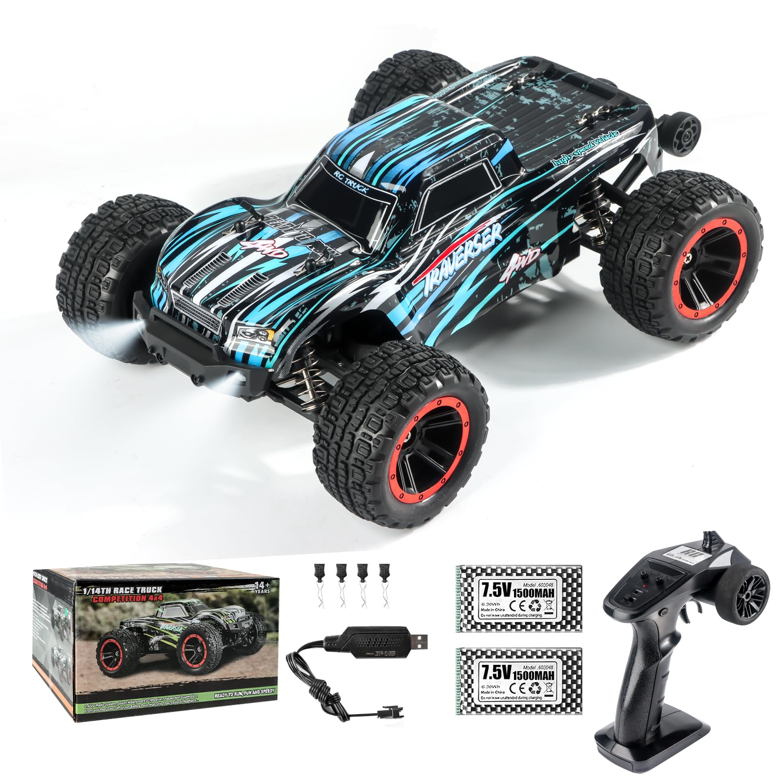 Double Delight Remote Control Car, 1:14 Scale RC Truck 38+ KM/H Speed, 2.4G All-Terrain Off-Road Truck Toy Gifts for Boys and Adults with 2 Rechargeable Batteries Provide 40+ Min Playtime (Blue)