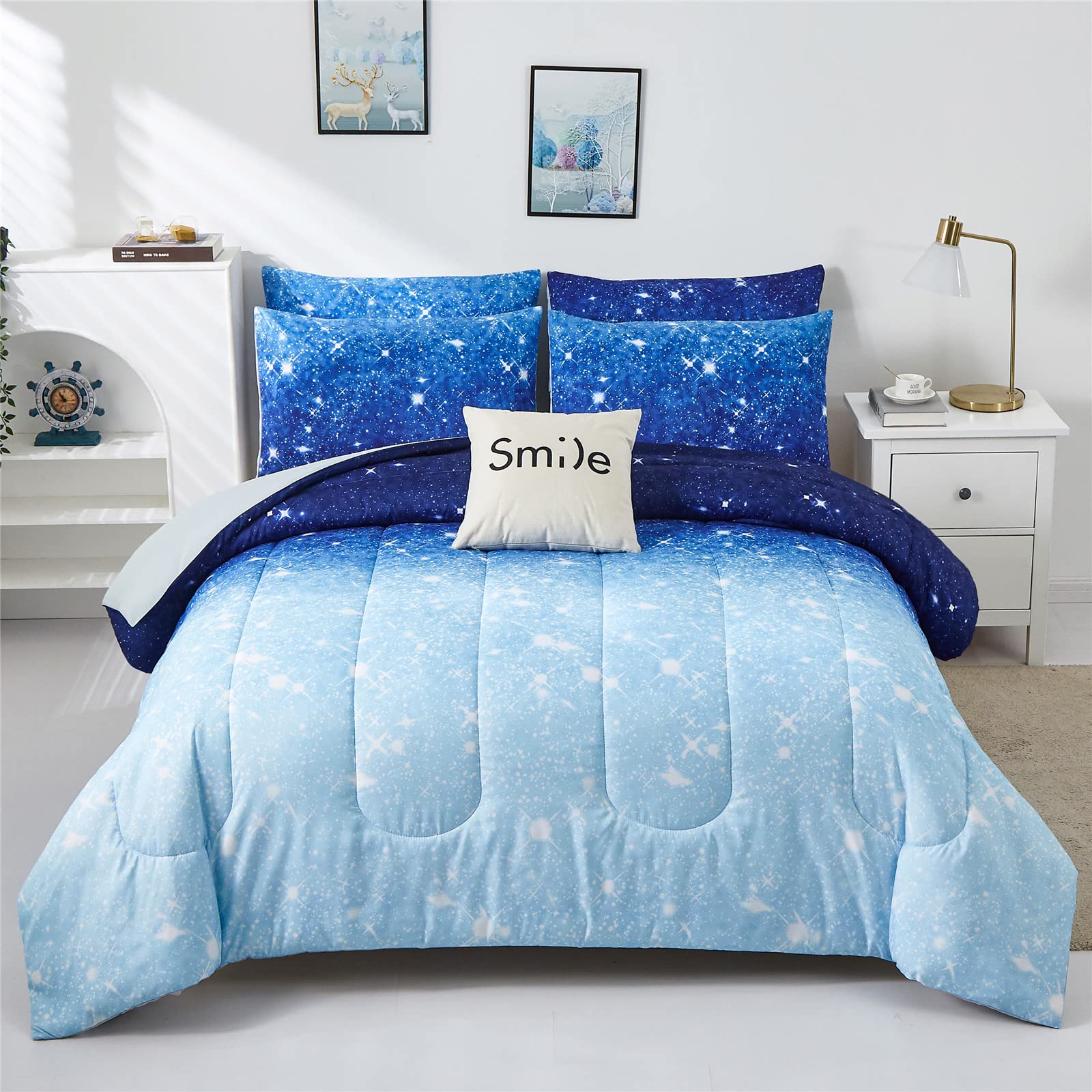 kiddiku Blue Glitter Comforter Set Full/Queen Size for Boys Girls, Sparkle Galaxy Twinkle Starlight Kids Teen, 3 Piece Aqua Navy Ombre Bedding with 2 Pillow Cases(Blue,Queen), Queen(3-Piece)