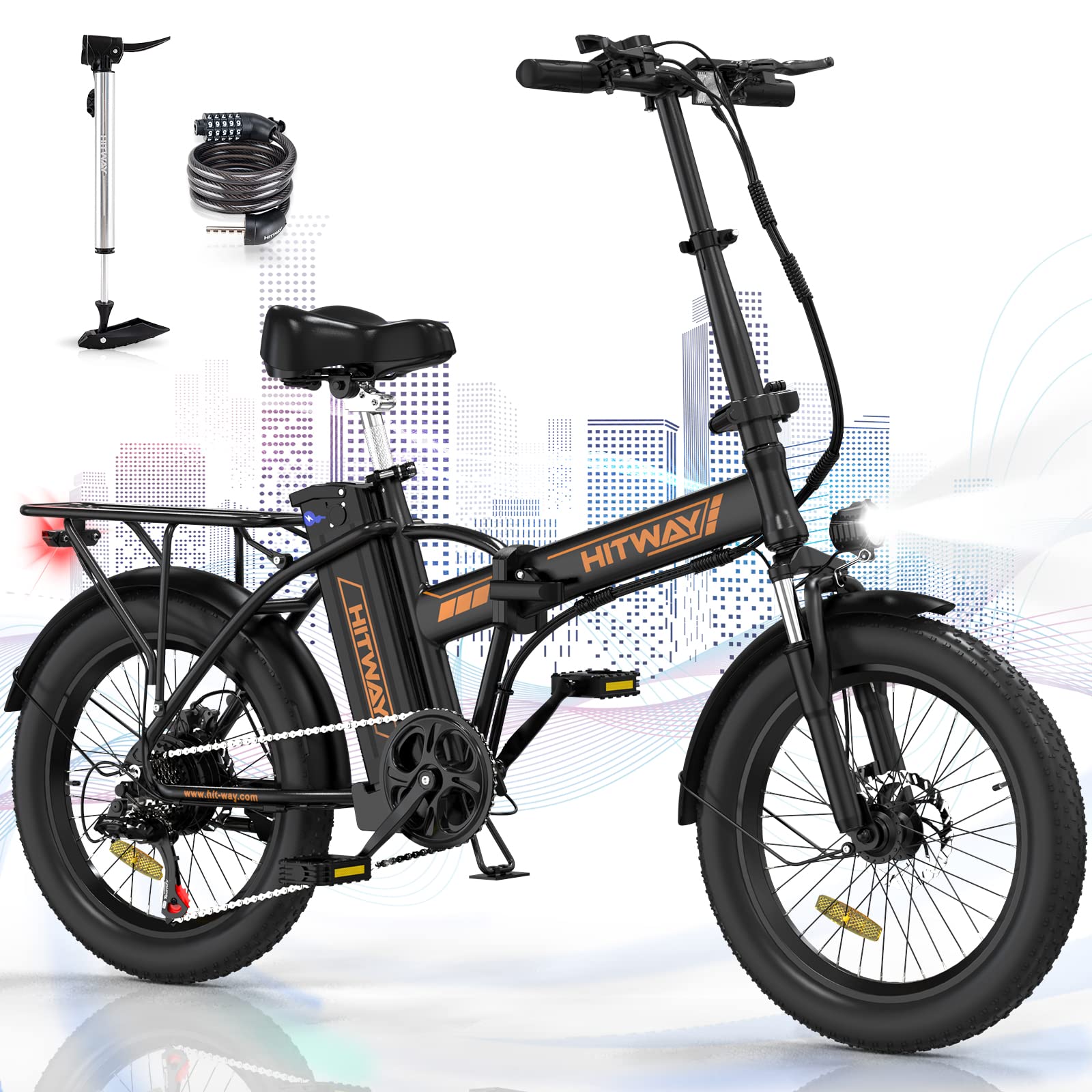 HITWAYElectric Bike for Adults, 20"*3.0 Fat Tire E-Bike 250W Electric Bicycle, Folding Electric Bike, 36V/12Ah Removable Battery, Range 35-90KM, 7-Speed Mountain E Bike for Men Women