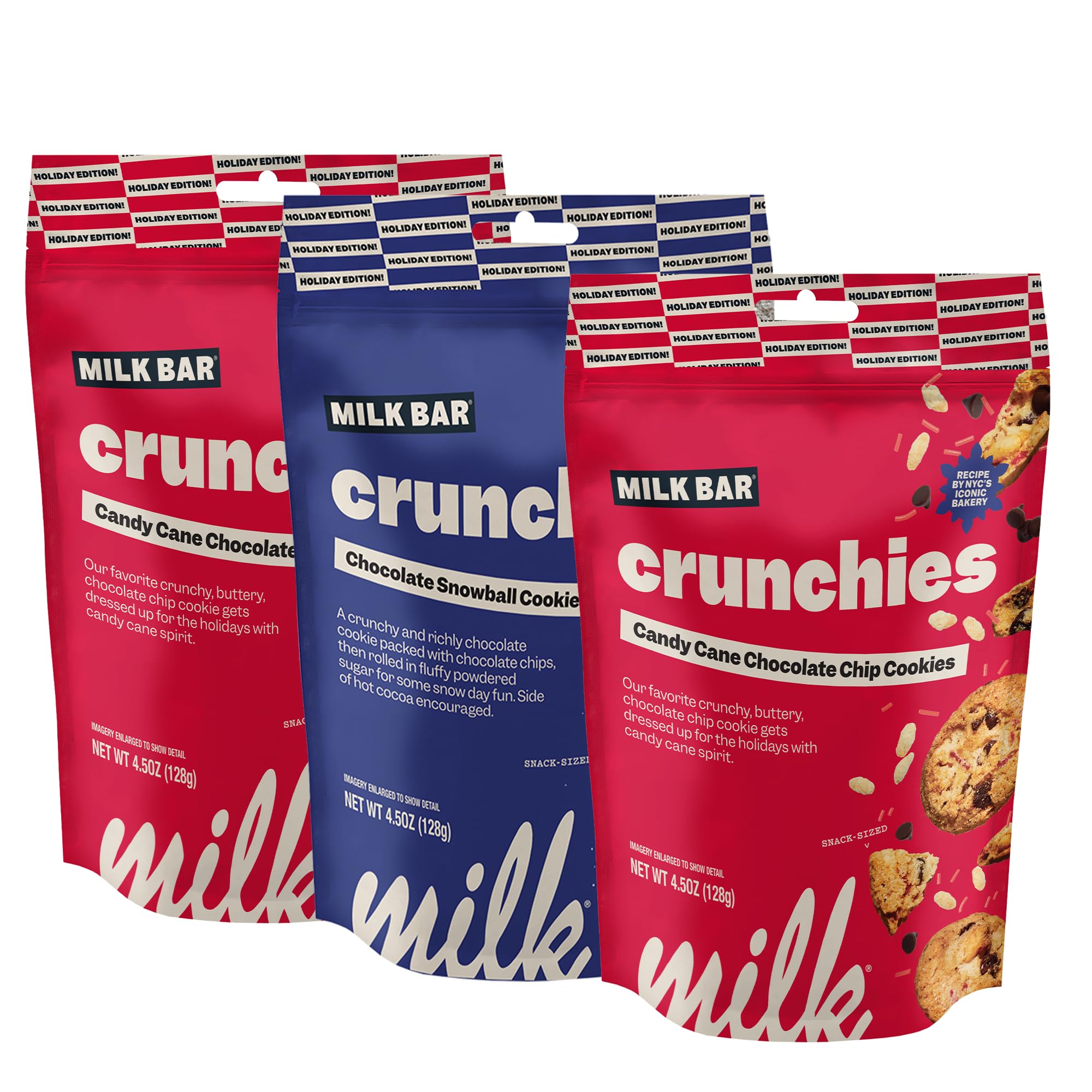 MILK BAR Holiday Crunchies | Crunchy Bite Sized Cookies With No Artificial Flavors or Preservatives | Pack of 3, 4.5oz Bags (Holiday Variety)