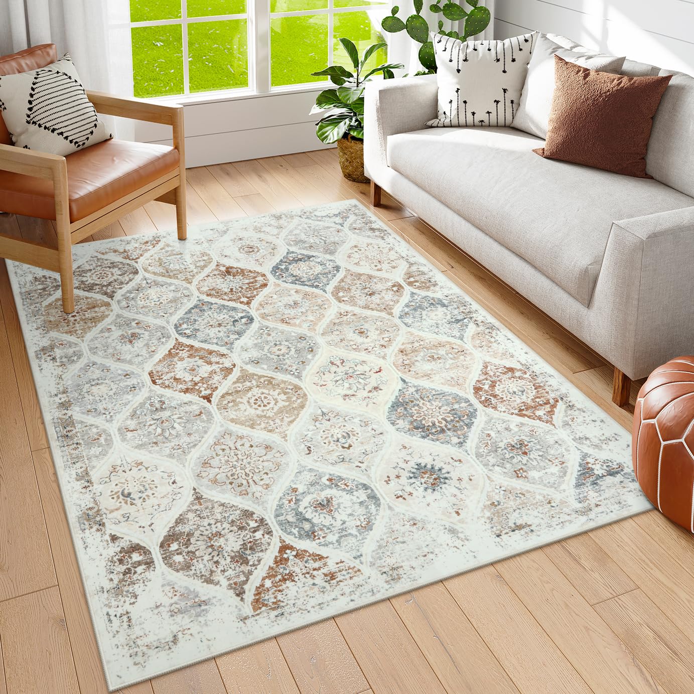 LIVEBOX Moroccan Washable Rugs 5x7, Distressed Living Room Carpet, Neutral Beige Area Rug Vintage Oriental Soft Non-Slip Area Rugs for Dining Room Bedroom