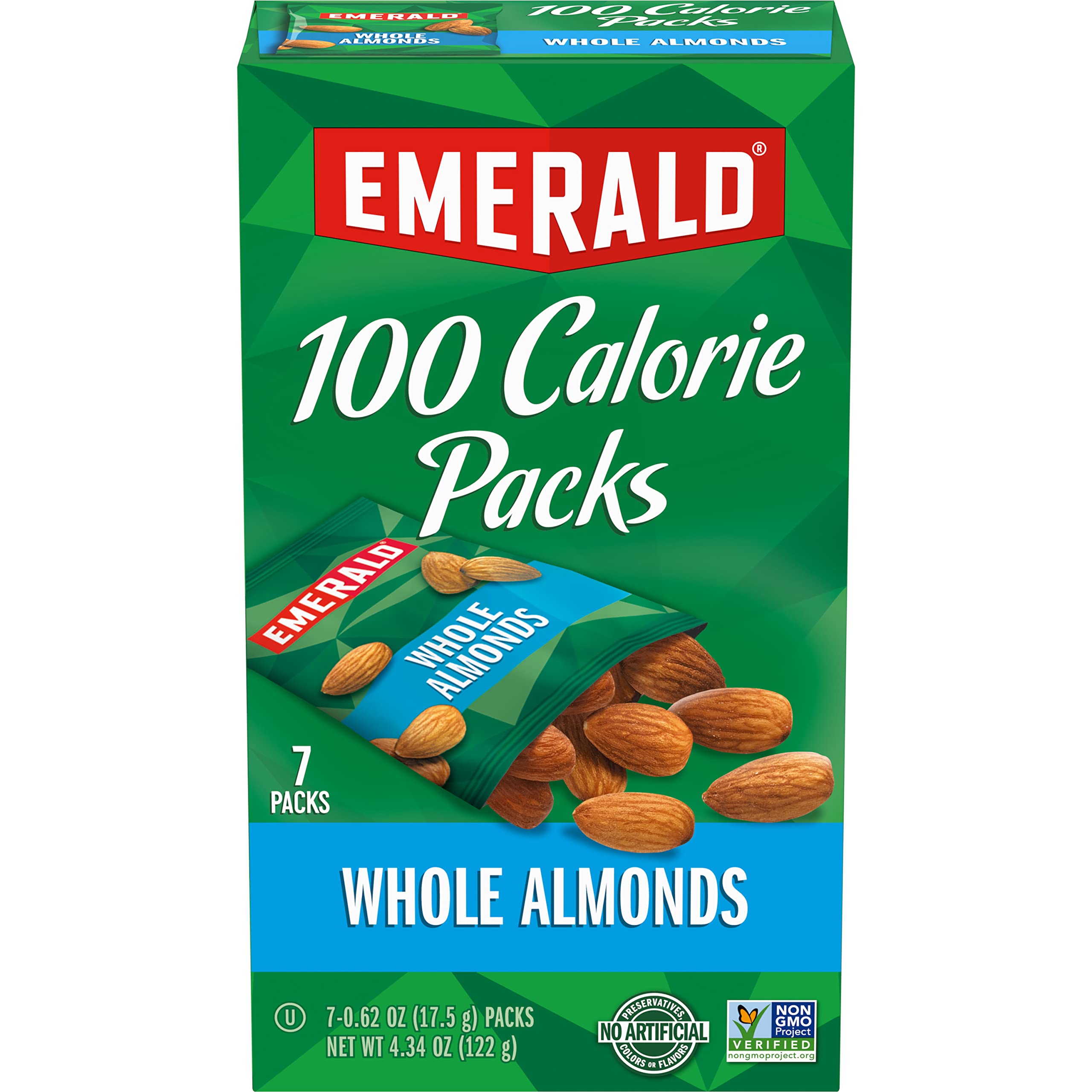 EmeraldNuts Whole Almonds 7ct (1-Pack), 100-Calorie Individual Packs, Kosher Certified, Non-GMO, Contains No Artificial Preservatives, Flavors or Synthetic Colors