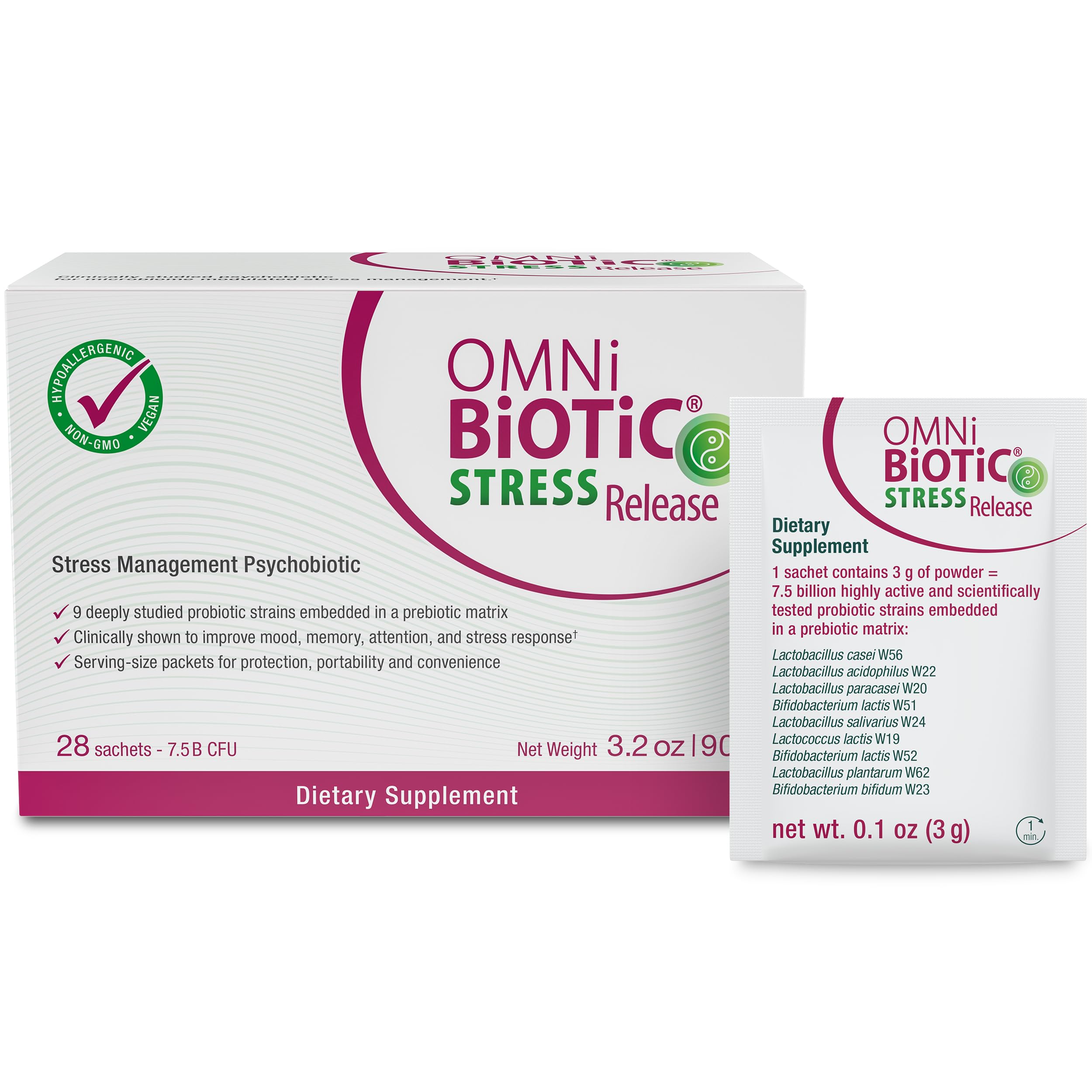 OMNI BIOTIC Stress Release - Clinically Tested Probiotic for Stress Management & Gut-Brain Axis Support - Stress Probiotic and Mood Probiotic - Vegan, Non-GMO (28 Daily Packets)