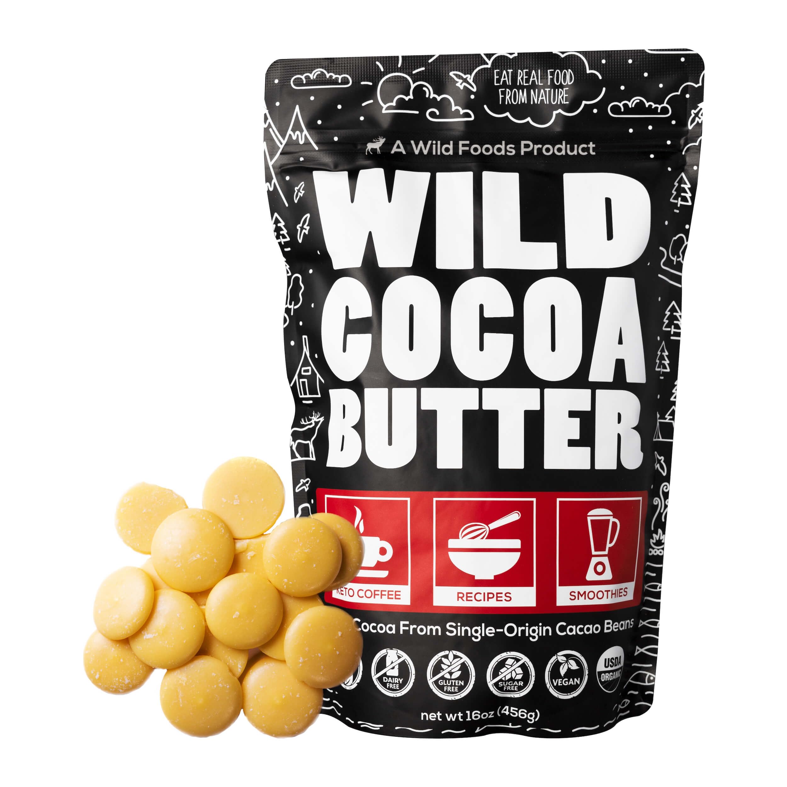 Wild Foods Organic Cocoa Butter Wafers | Raw Plant-Based & Cold-Pressed Cacao Keto Discs | Food Grade & Vegan White Sugar Free Chocolate Chips | 16oz