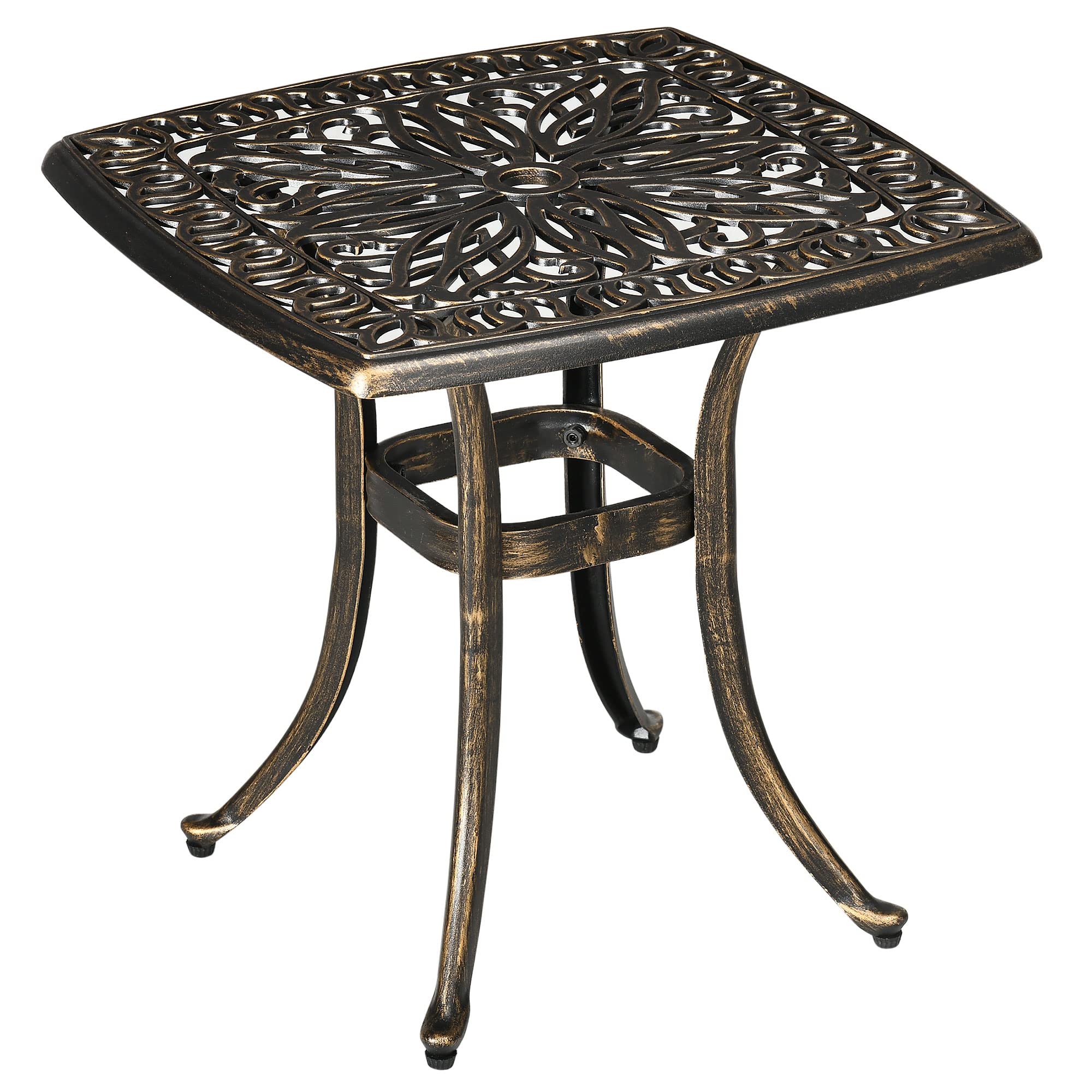 Outsunny Outdoor Garden Table with 38mm Dia. Umbrella Hole, Cast Aluminium Patio End Table with Anti-slip Foot Pads for Garden, Patio, Balcony, 54 x 54cm, Bronze Tone