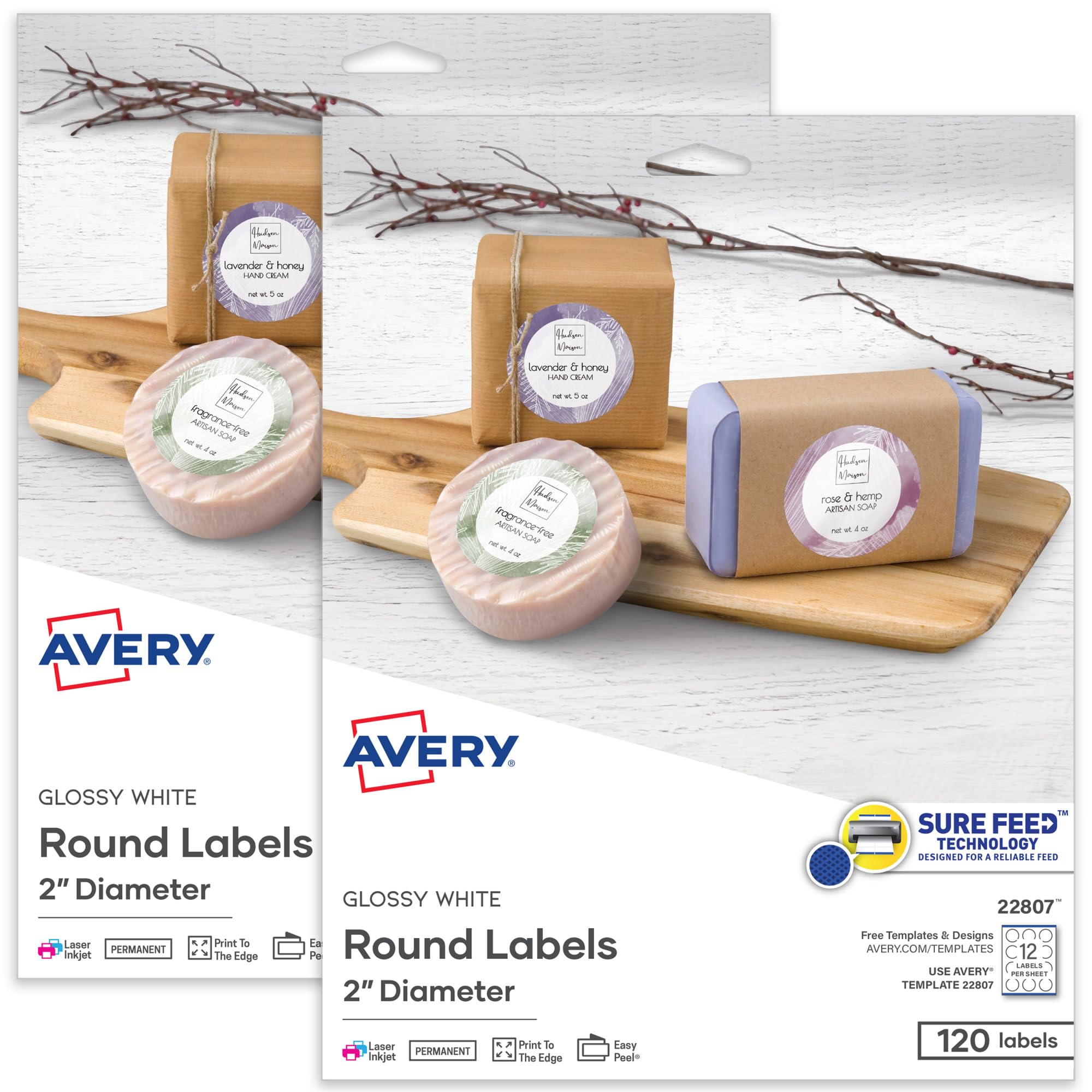 Avery Printable Round Labels with Sure Feed Technology, Glossy White Labels, 2" Diameter, Permanent Adhesive, Laser/Inkjet, 120 Per Pack for 240 Glossy Labels Total (2-Pac