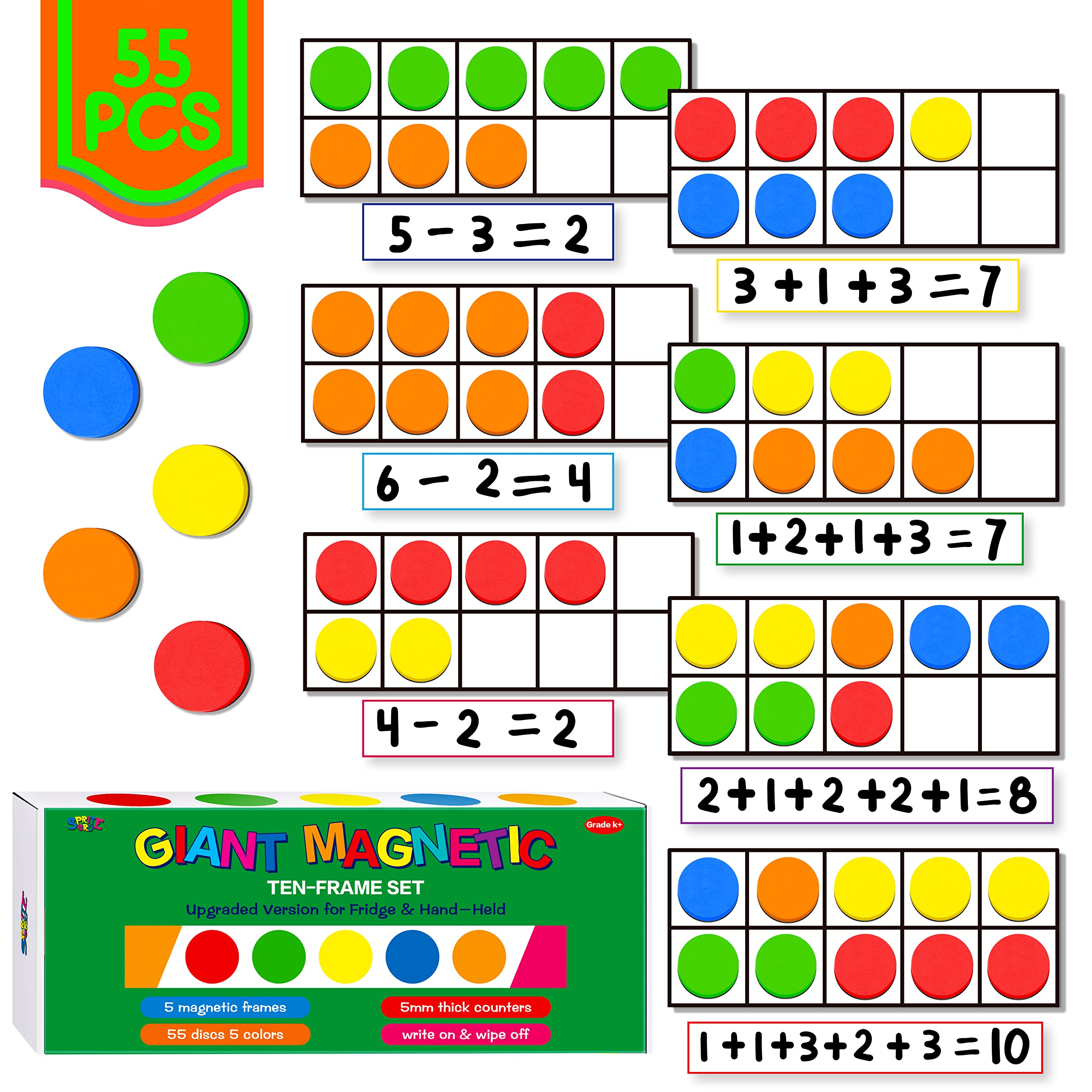 SpriteGru Magnetic Ten-Frame Set, including 5 frames (no hollowed out) and 55 colorful discs