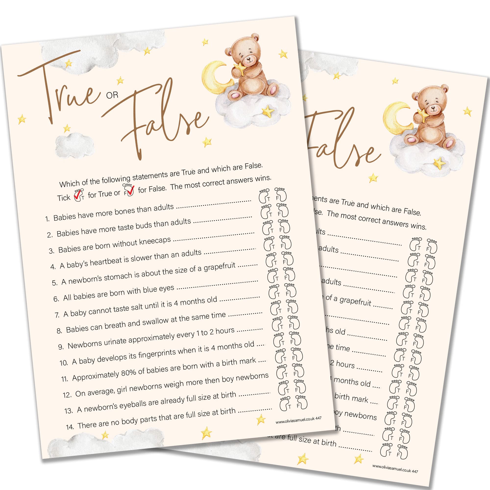 Olivia Samuel 20 x True or False Baby Shower Game – Unisex Neutral Teddy Bear Design (20 Guest Cards + 1 Card of Answers for The Host) - Made in The UK