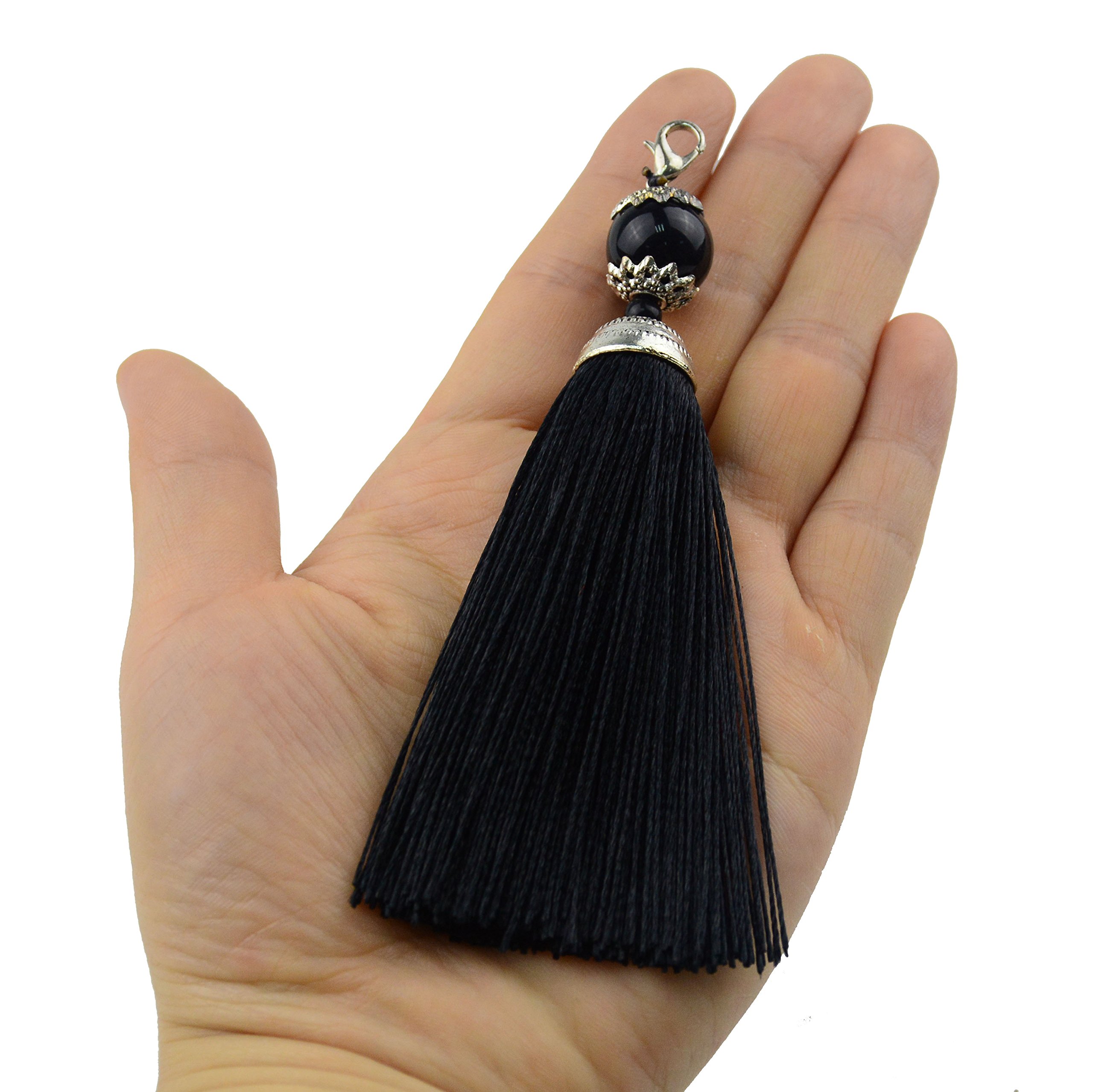 Makhry 10pcs 4.5 Inch Handmade Silky Floss Bookmark Tassel Pendant with Lobseter Clasp for DIY Craft Jewerly Women Earring (Black)