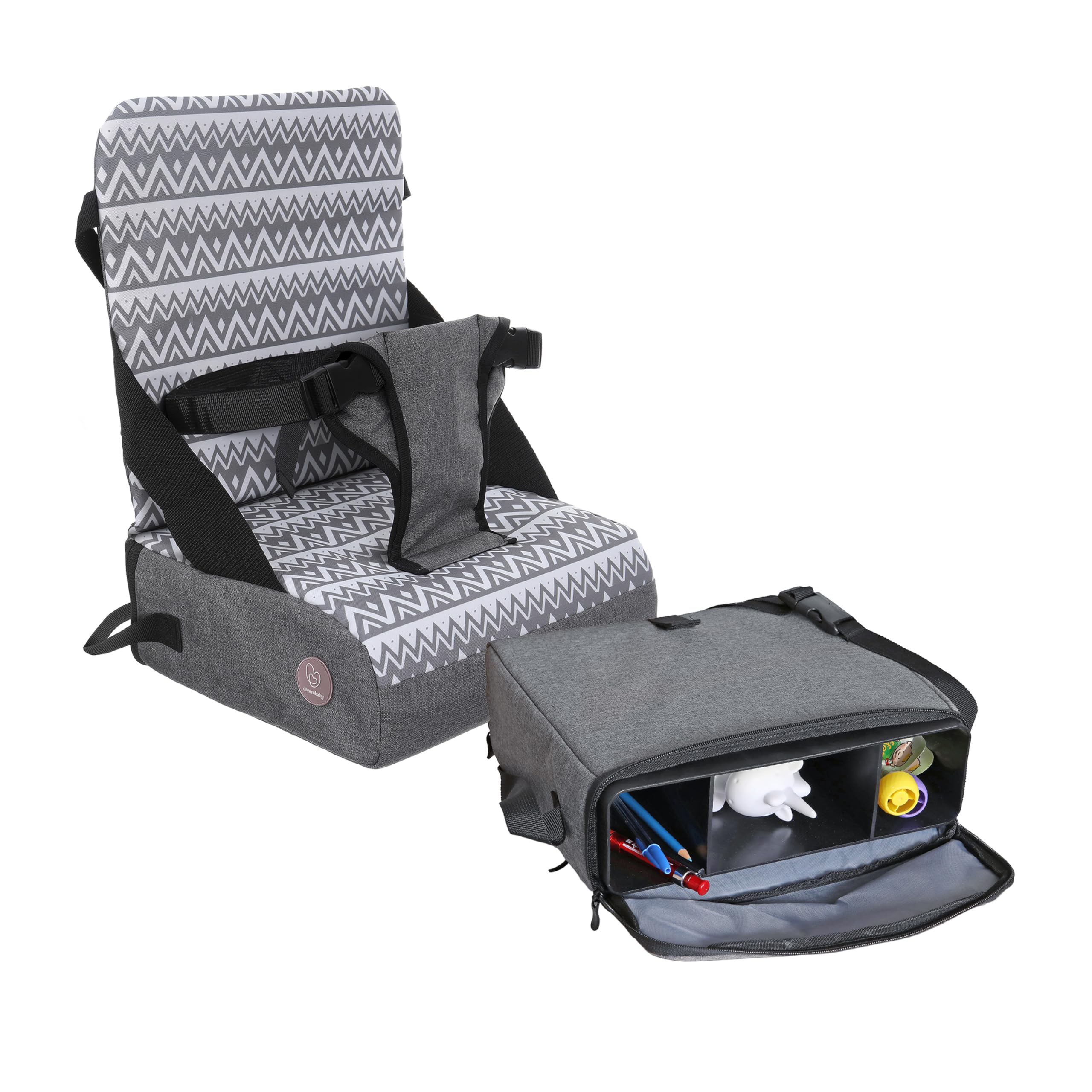 DreambabyGrab ‘N Go Travel Booster Seat with Built-in Storage Space, Portable Highchair Booster Seat for Tables, High-Back Seat and Foldable for Baby Travel, Secured with a 3-Point Harness, Grey