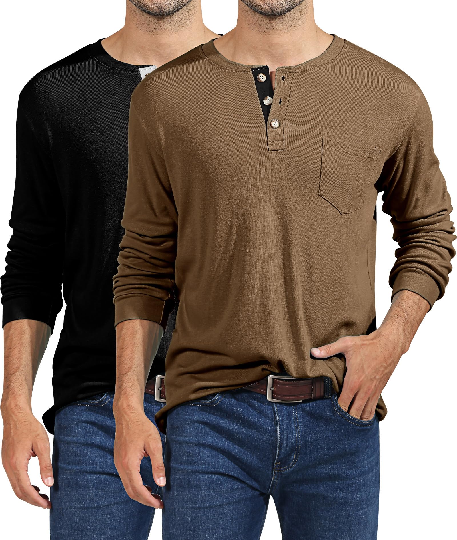 Ficerd 2 Pack Men's Henley Shirts, Long Sleeve Henley T-Shirts with Pockets Casual Front Placket Basic Henley Tee Tops