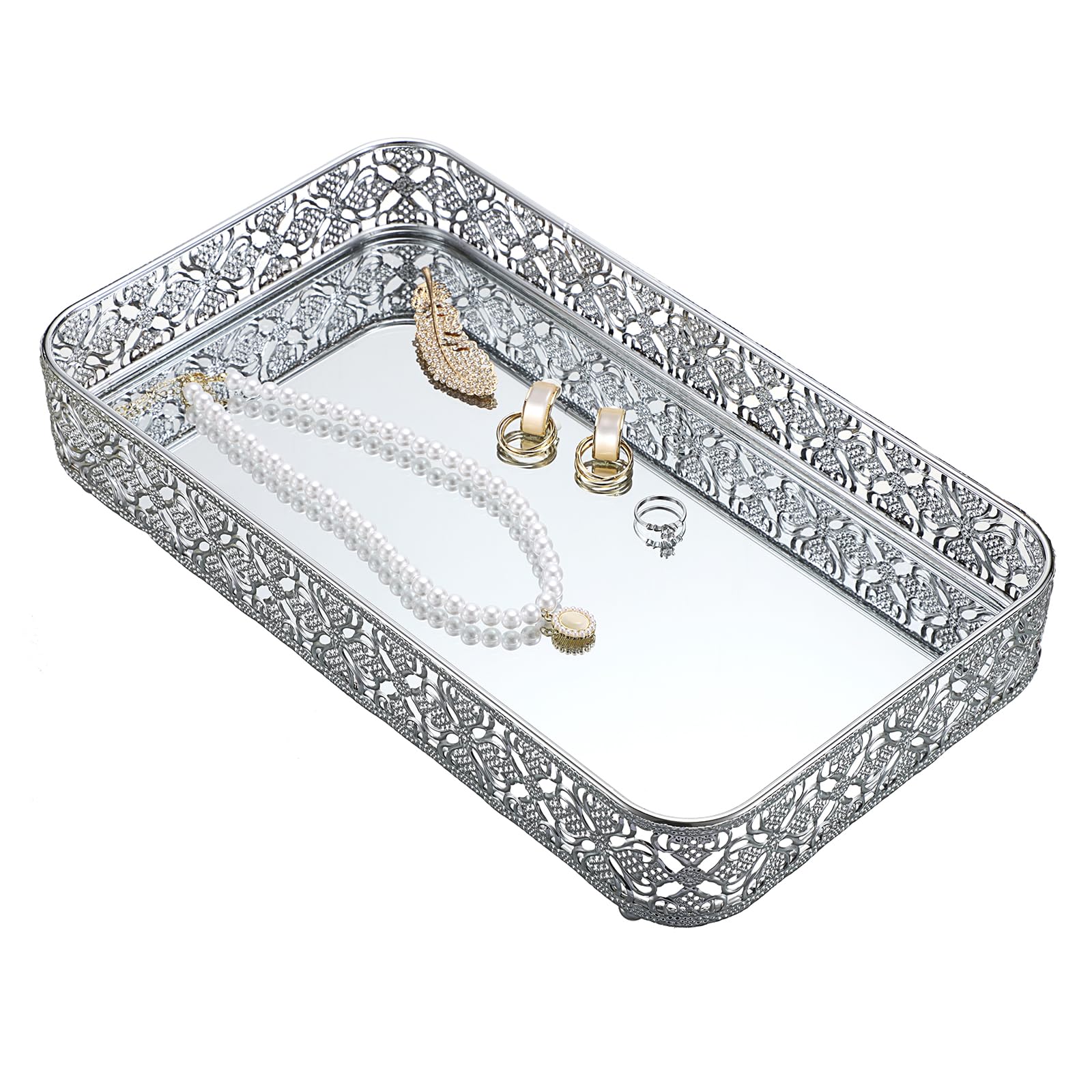 ELLDOO Countertop and Vanity Tray, Bathroom Tray Perfume Tray Mirror Tray, Silver Vanity Hollow-Carved Jewelry Tray Glass Metal Trinket Storage Tray Home Decor Organizer Tray,Large Size