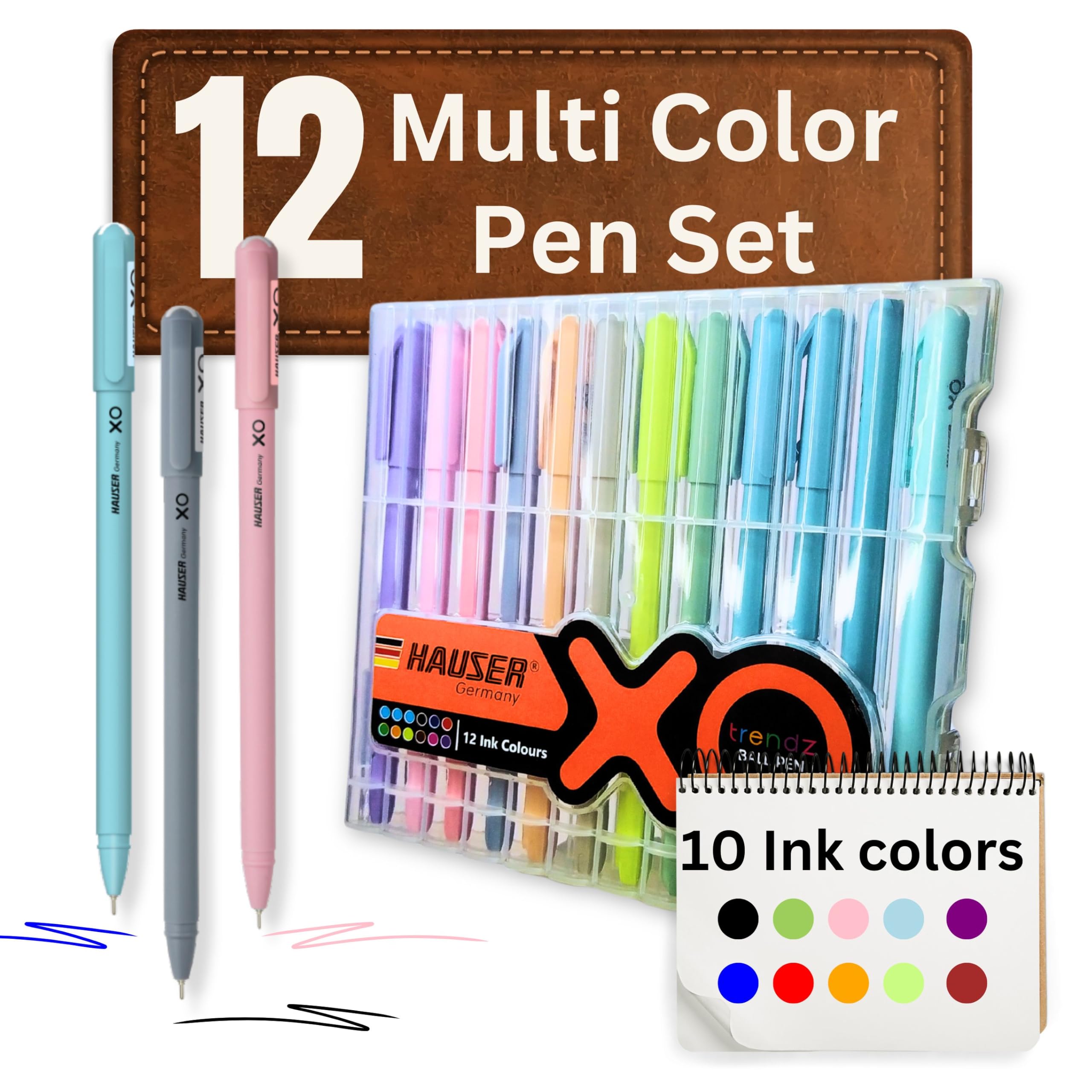 Hauser Xo Trendz Ballpoint Colorful Pens 1mm Assorted Colors, Colored Pens for Teachers Students Women Girls Kids Cute Ballpoint Pens for School University Home Office Stationary (set of 12 Pen Pack)