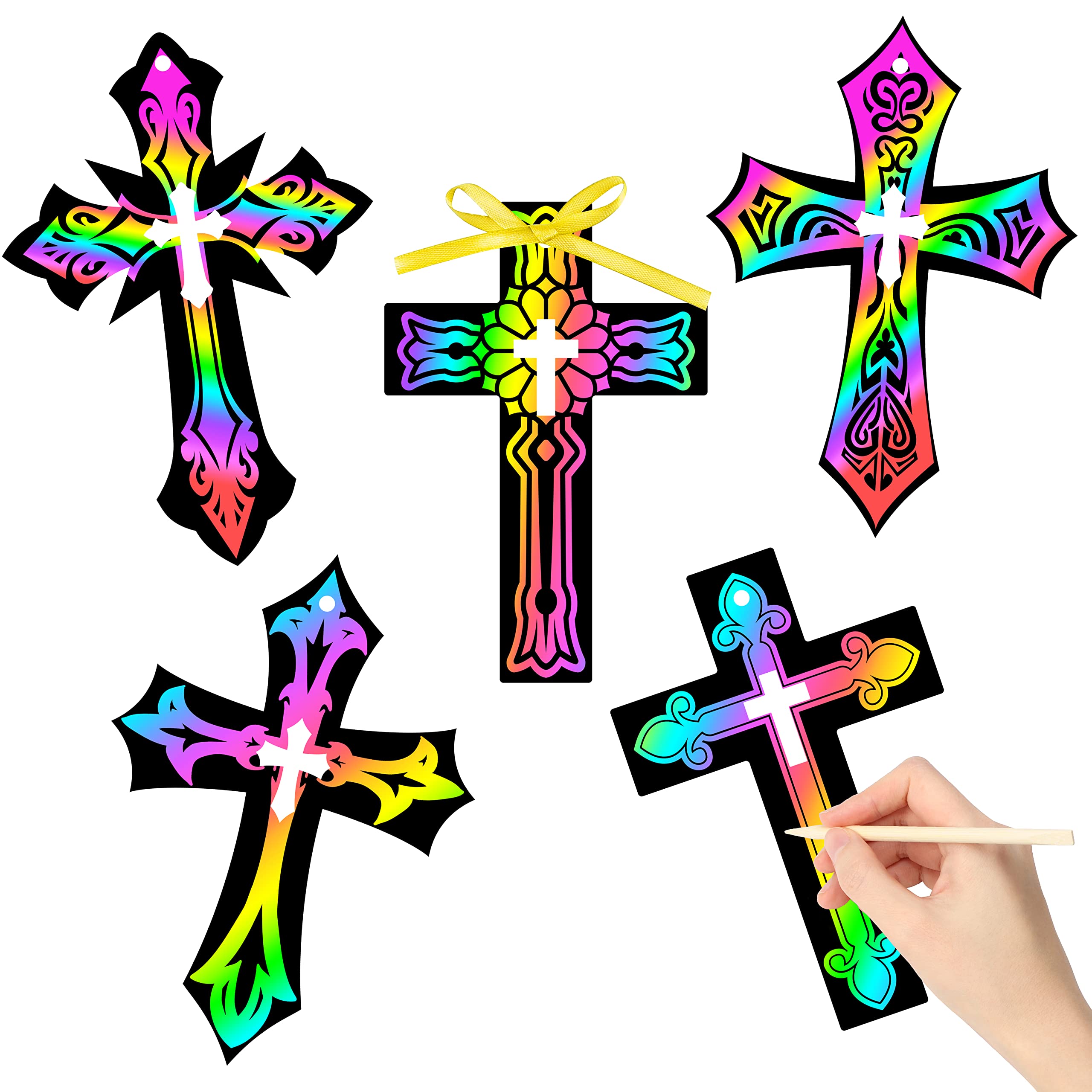 BeYumi 90Pcs Scratch Cross Ornaments DIY Magic Rainbow Color Scratch Cards Paper Art Party Favors Sunday School Classroom Decorations Supplies Crafts Kit Religious Christian Birthday Gifts for Kids