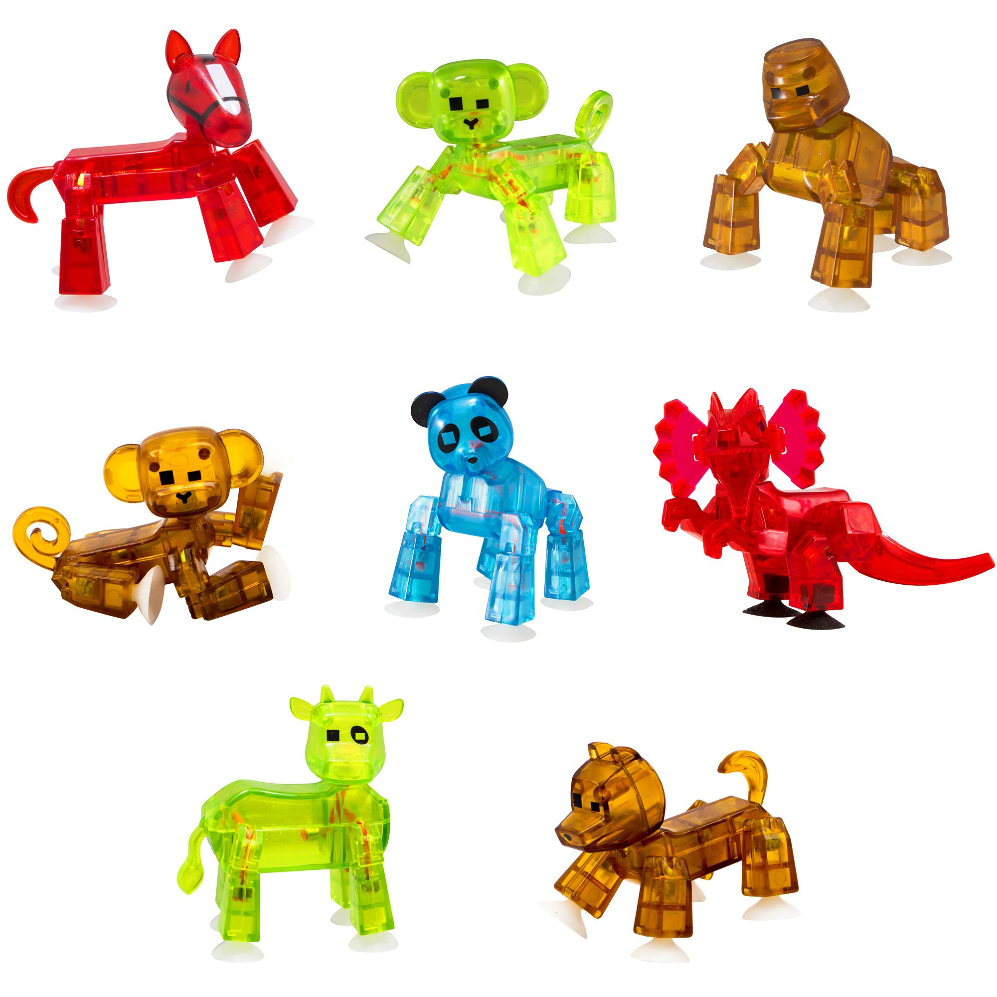 Zing Stikbot Animal Pack - Stop Motion Action Figures - 8 Pack with 2X Monkey, Dog, Cow, Gorilla, Horse, Panda, Dino