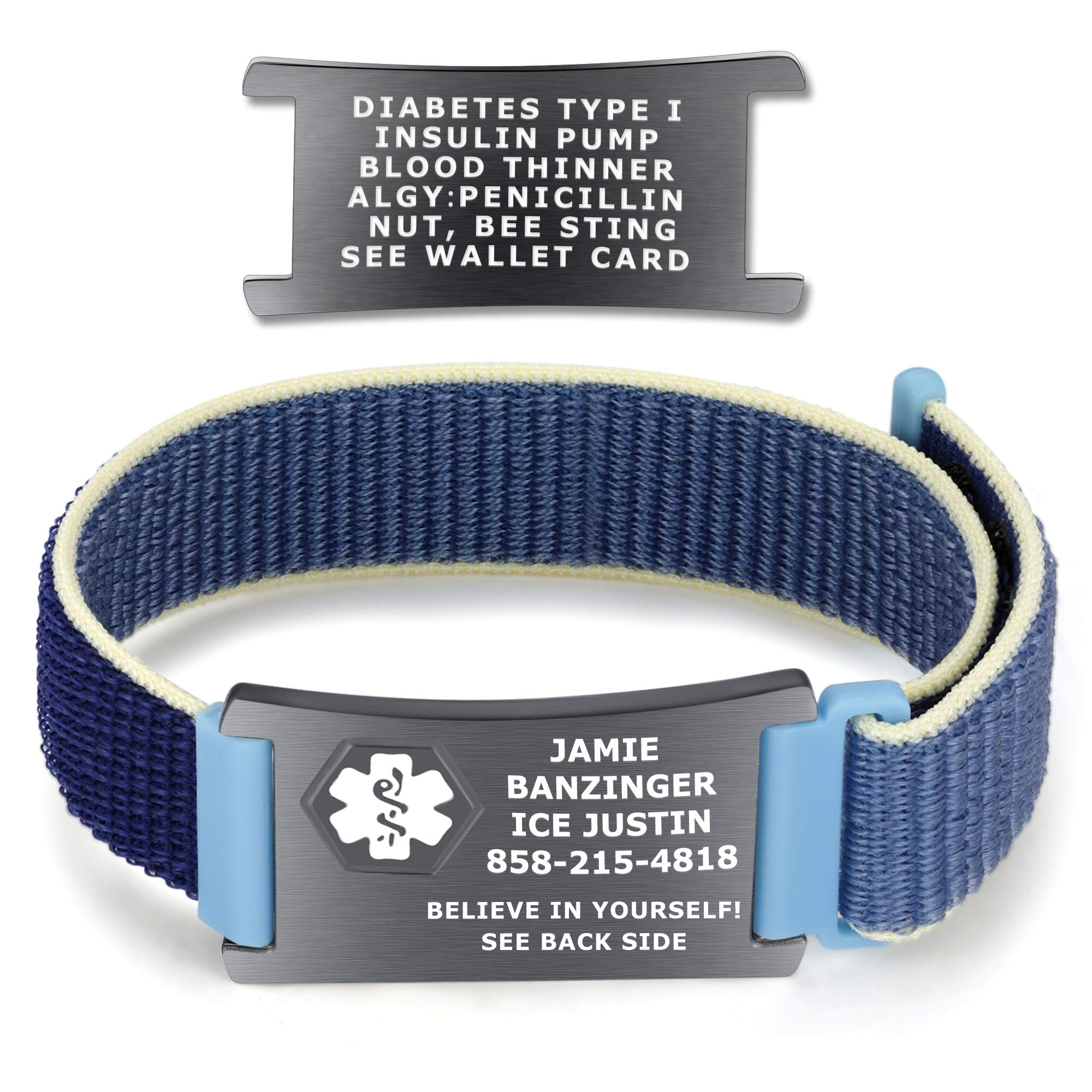 Custom Engraved Medical Alert Bracelets, Stainless Steel/PVD Medical Bracelet, Medical ID Bracelet w/Woven Loop & Velcro Closure (fit up to 8.5”)