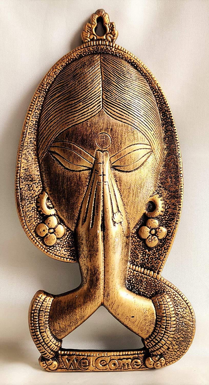 Wgloryind Brass Metal Welcome Namaste Lady Wall Wall Decor Showpiece (14 x 2 x 28 cm, 340 g)