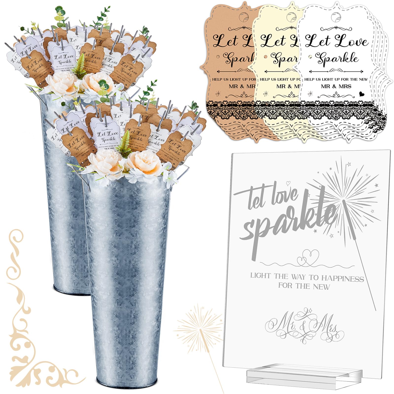 153 Pcs Wedding Sparkler Set Include 150 Pcs Lace Wedding Sparkler Tags 1 Acrylic Send off Sign with Stand 2 Galvanized Metal Buckets for Wedding Sparkler Send Off, No Sparklers (Silver, 17.7 Inch)