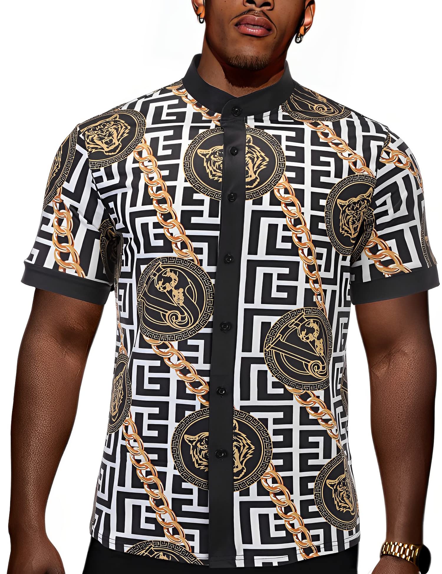 OYOZONEMen's African Traditional Pattern Print Shirt Casual Short Sleeve Button Down Shirts Luxury Printed Dashiki for Men