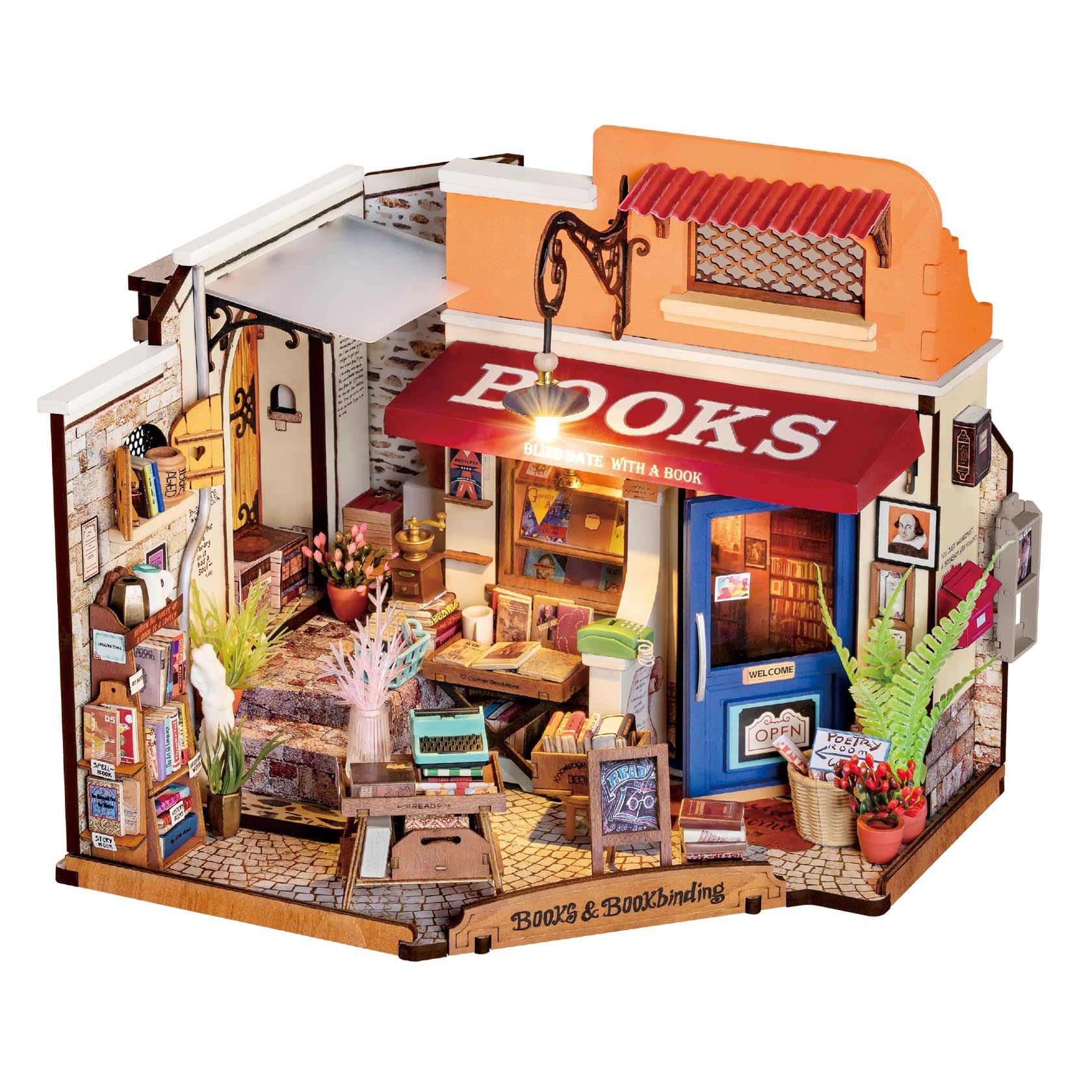 ROBOTIME DIY Miniature House Kit Mini Corner Bookstore Tiny House Making Kit with LED Wooden Craft Diorama Kit Decorative Hobby Unique Gift