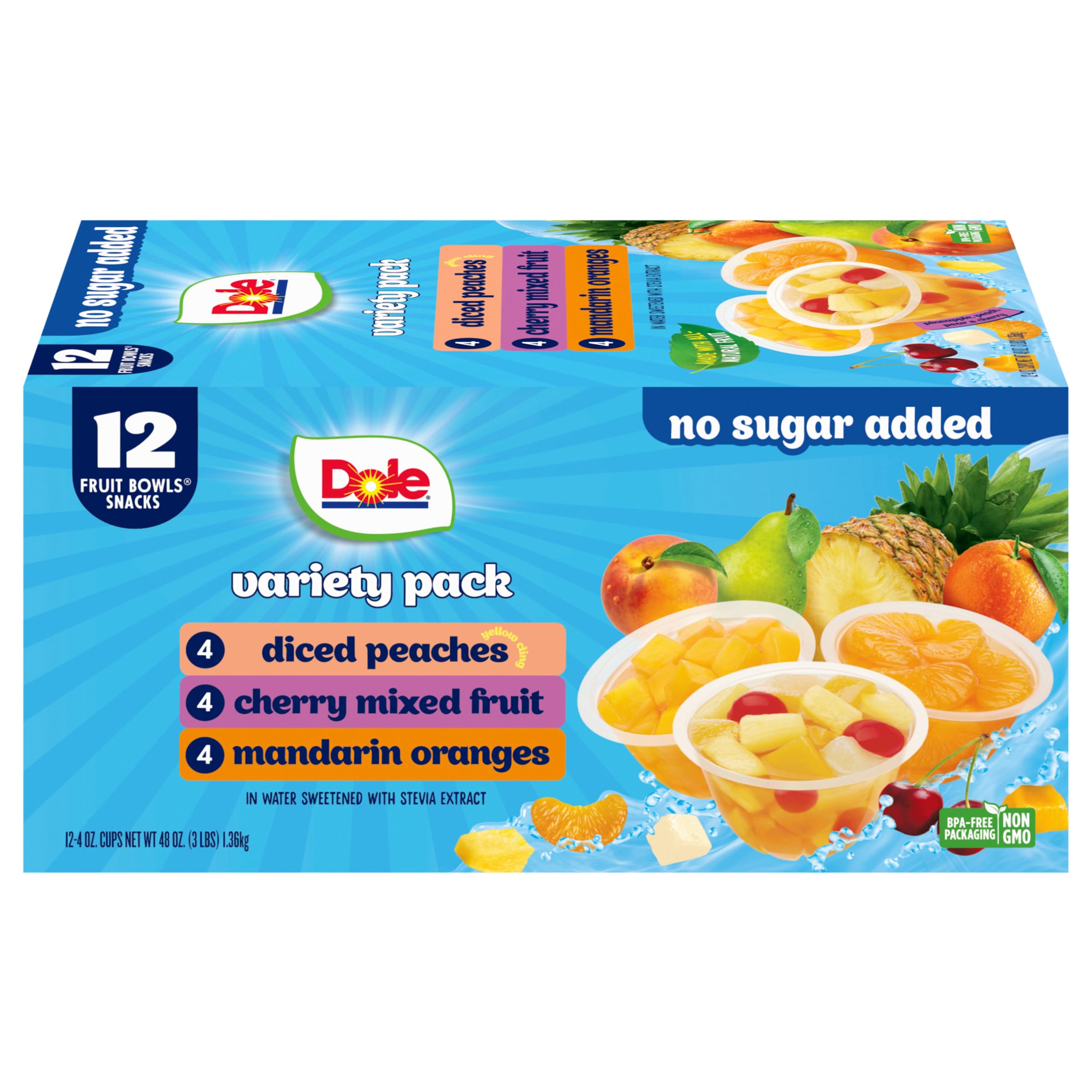 Dole Diced Peaches, Mandarin Oranges, and Cherry Mixed Fruit with No Sugar Added Variety Pack - Dole Fruit Bowls Snacks - 4 oz Fruit Bowls - 12 Pack