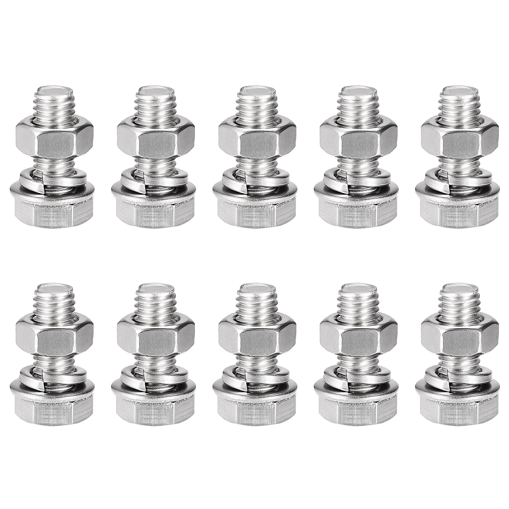 sourcing map M8 x 20mm Hex Head Screws Bolts, Nuts, Flat & Lock Washers Kits, 304 Stainless Steel Fully Thread Hexagon Bolts 10 Sets