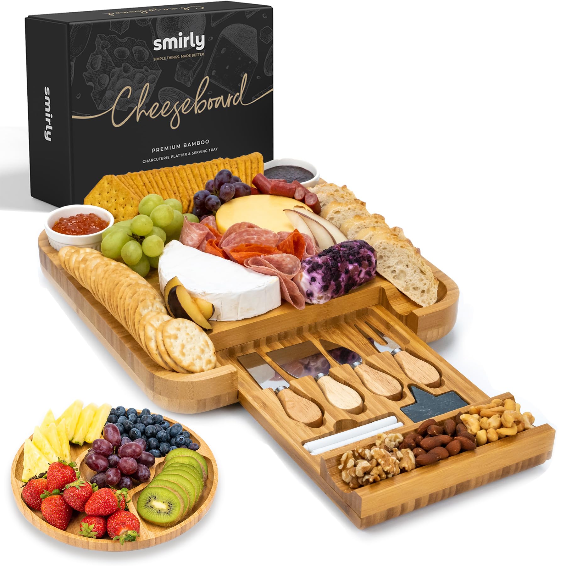 SMIRLY Bamboo Cheese Board and Knife Set: Extra Large Charcuterie Boards Set & Accessories, Unique House Warming Gifts