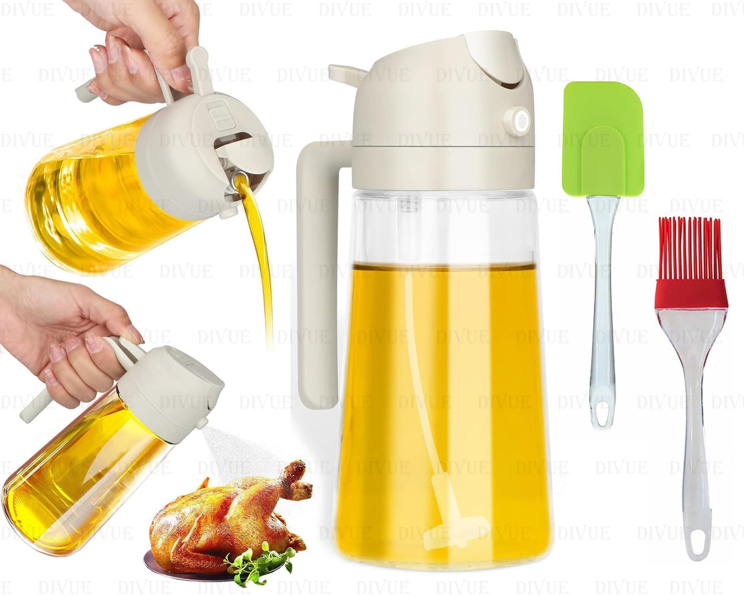 VAIDUE Oil Spray Bottle with Silicone Oli Brush and Spatula, 2-in-1 Glass Cooking Oil Preparation Dispensers for Kitchen Cooking Air Fryer Salad Baking BBQ Oil Vinegar Sprayer Oil Cooking Brush