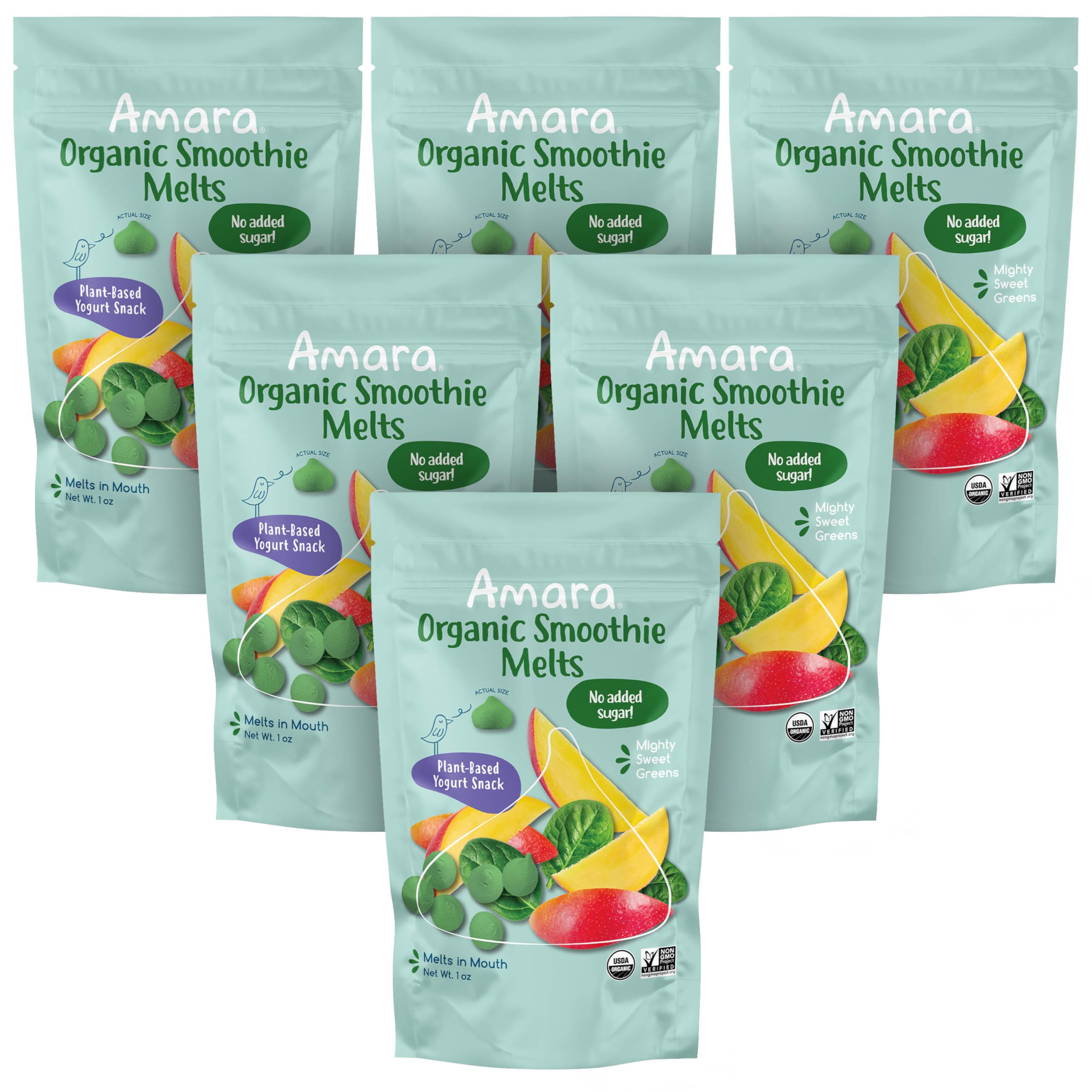 AmaraSmoothie Melts - Mighty Sweet Greens - Baby Snacks Made With Fruits and Vegetables - Healthy Toddler Snacks For Your Kids Lunch Box - Organic Plant Based Yogurt Melts - 6 Resealable Bags