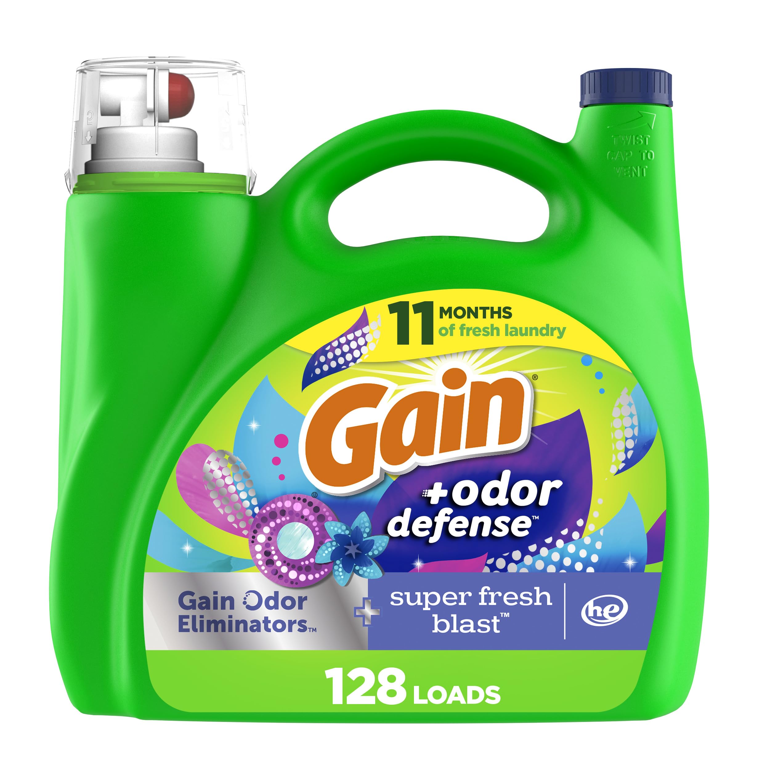 Gain + Odor Defense Liquid Laundry Detergent, HE Compatible, Super Fresh Blast Scent, 184 fl oz, 128 Loads