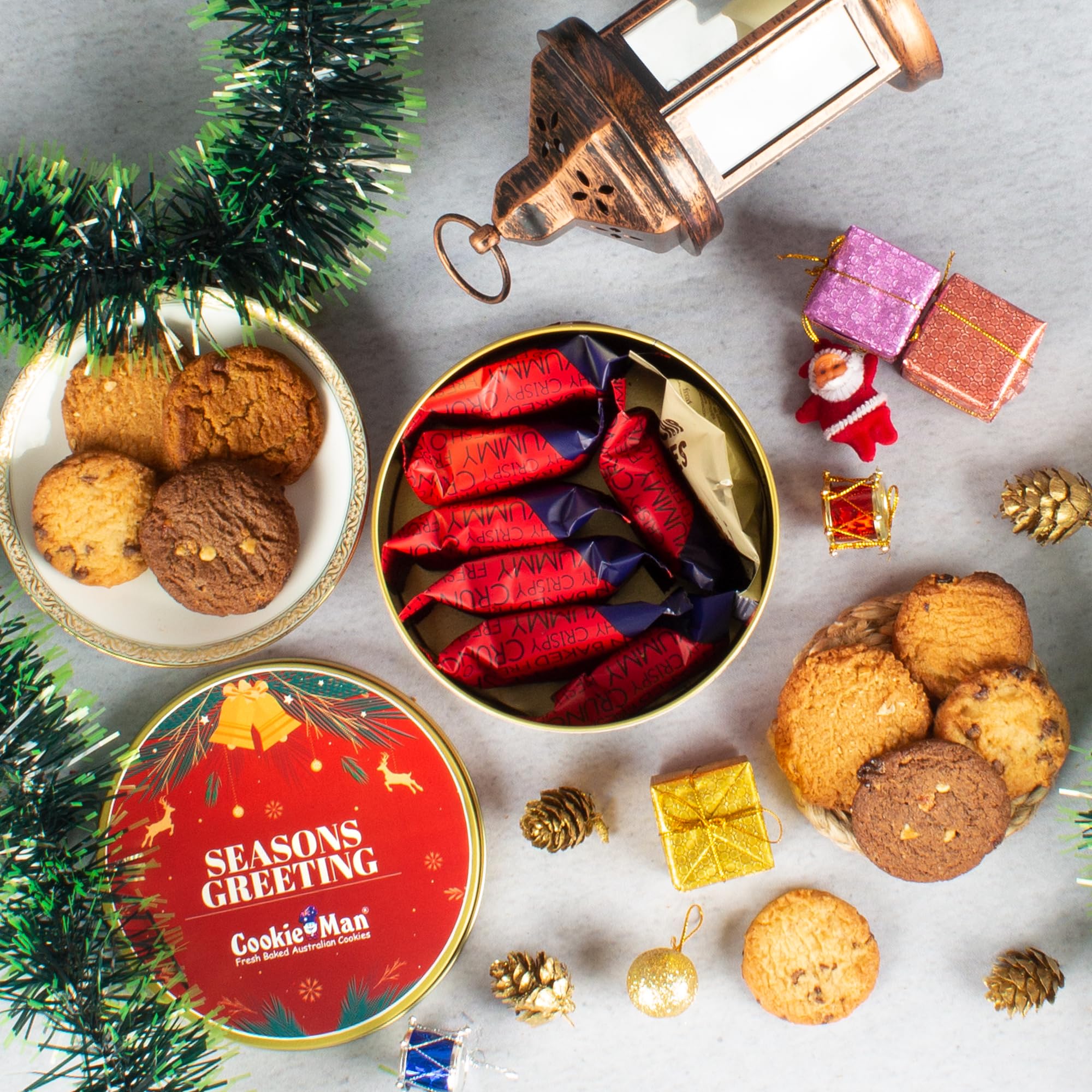 CookieMan Premium Assorted Cookies Gift Pack - 300g | Ideal Gifting for Christmas & Season Greetings | Freshly Baked Australian Cookies in 5 flavours | Red Gift Tin Hampers for Friends and Family