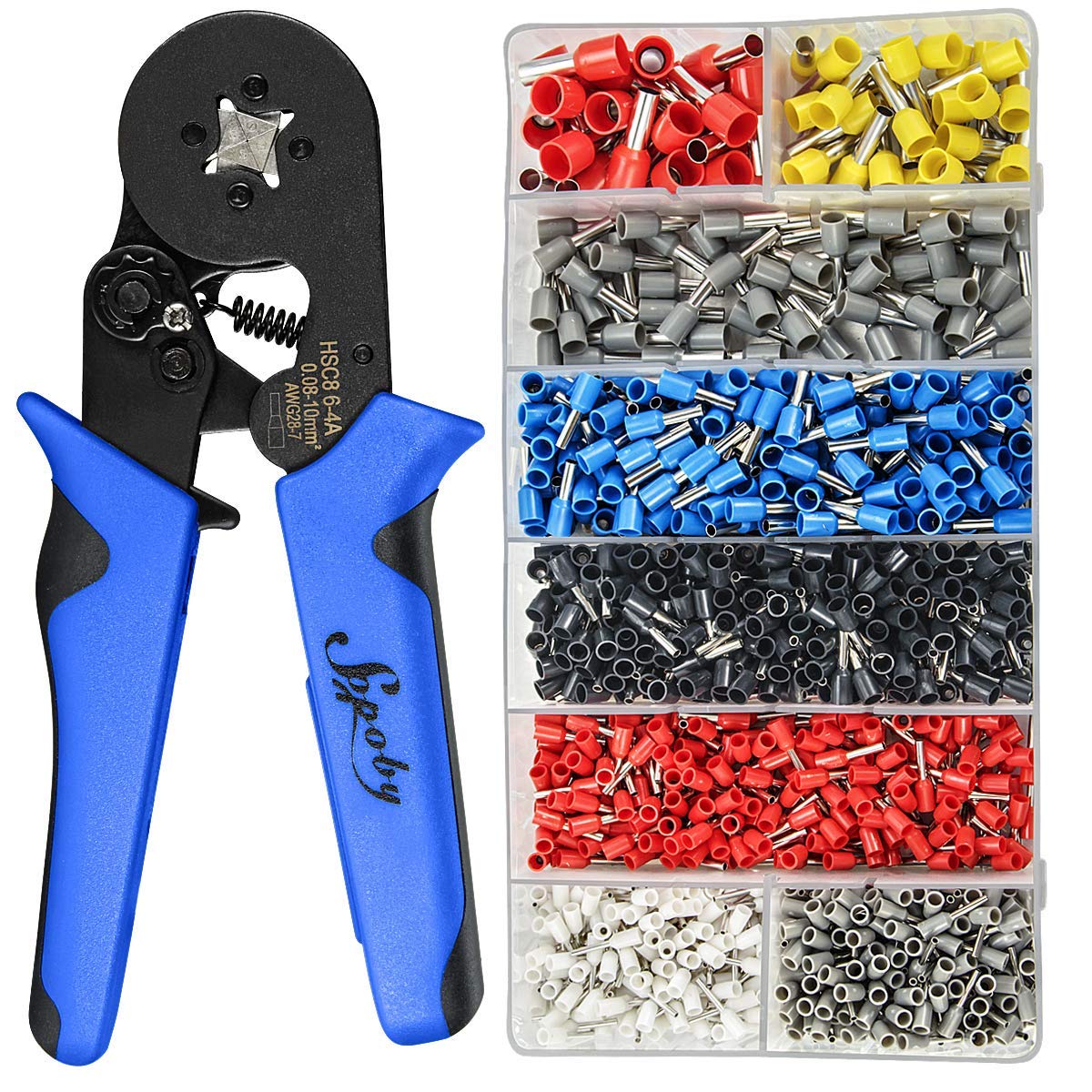 Sopoby Ferrule Crimping Tool Kit AWG 28-8 Self-Adjustable Ferrel Crimper Kit with 1200PCS Electrical Wire Terminals Crimp Connectors