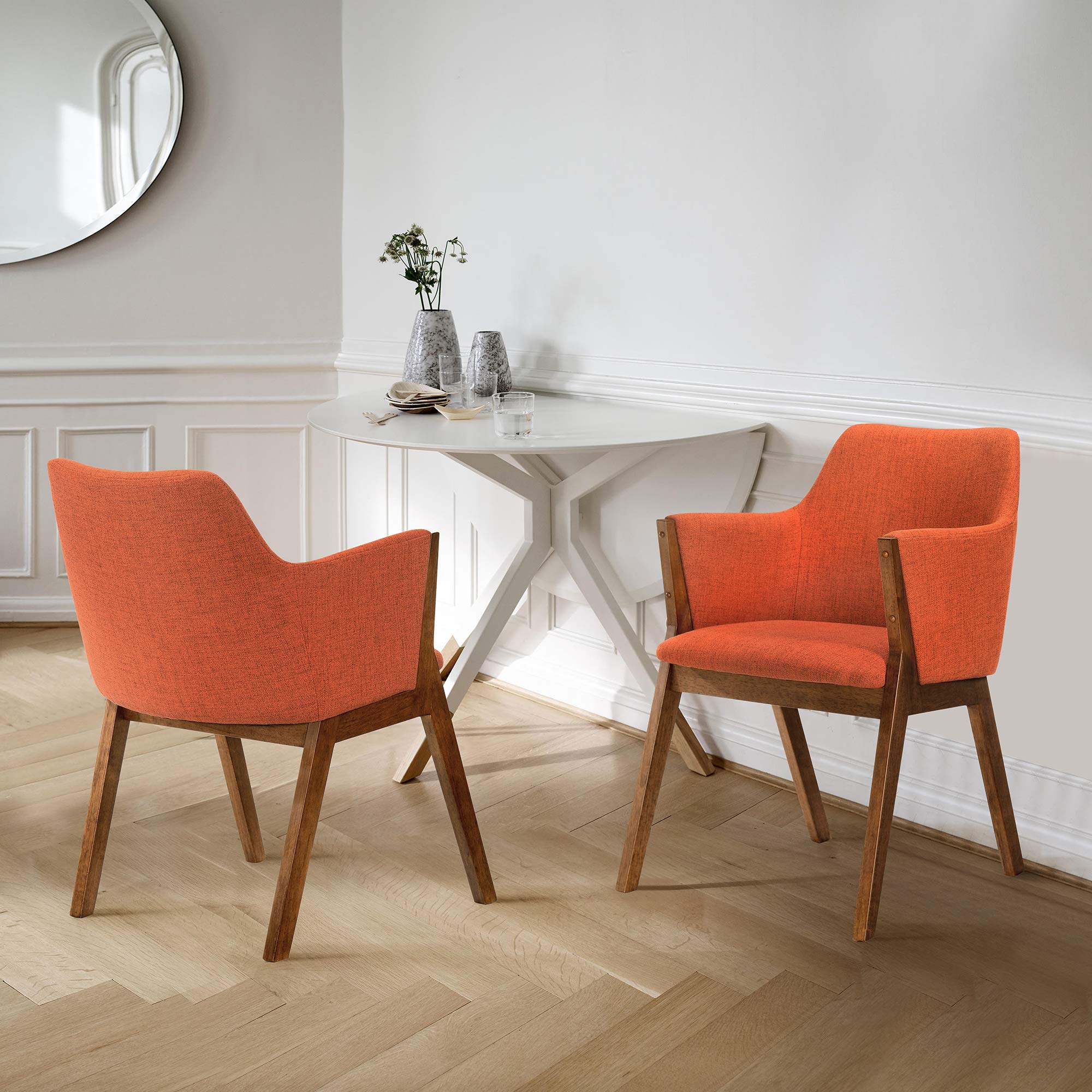 Armen Living Renzo Fabric Wood Dining Side Chairs-Set of 2, 18" SH, Orange/Walnut