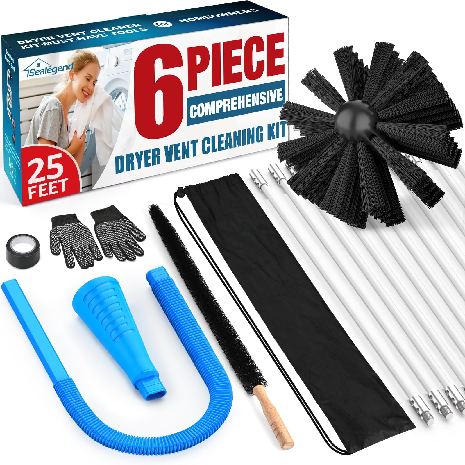 Sealegend Dryer Vent Cleaner Kit Omnidirectional Dryer Cleaning Kit Includes Dryer Vent Brush, Blue Dryer Lint Vacuum Attachment & Dryer Lint Trap Brush