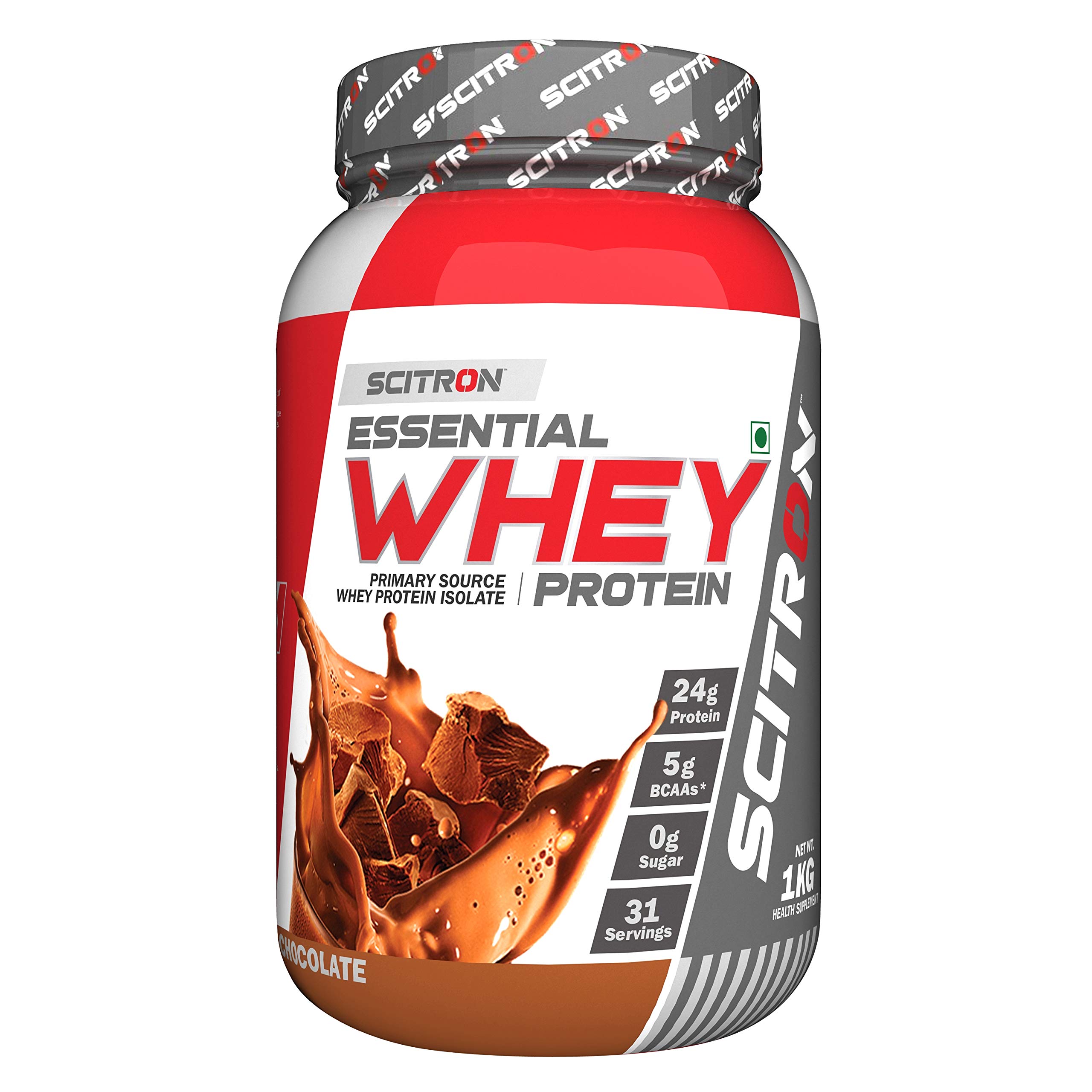 Scitron Essential Whey Protein (24g Protein, 5g BCAAs, 0g Sugar, 31 Servings,Whey Protein Isolate, Digezyme, Post Workout) - 2.2 lbs (1 kg) (Chocolate)