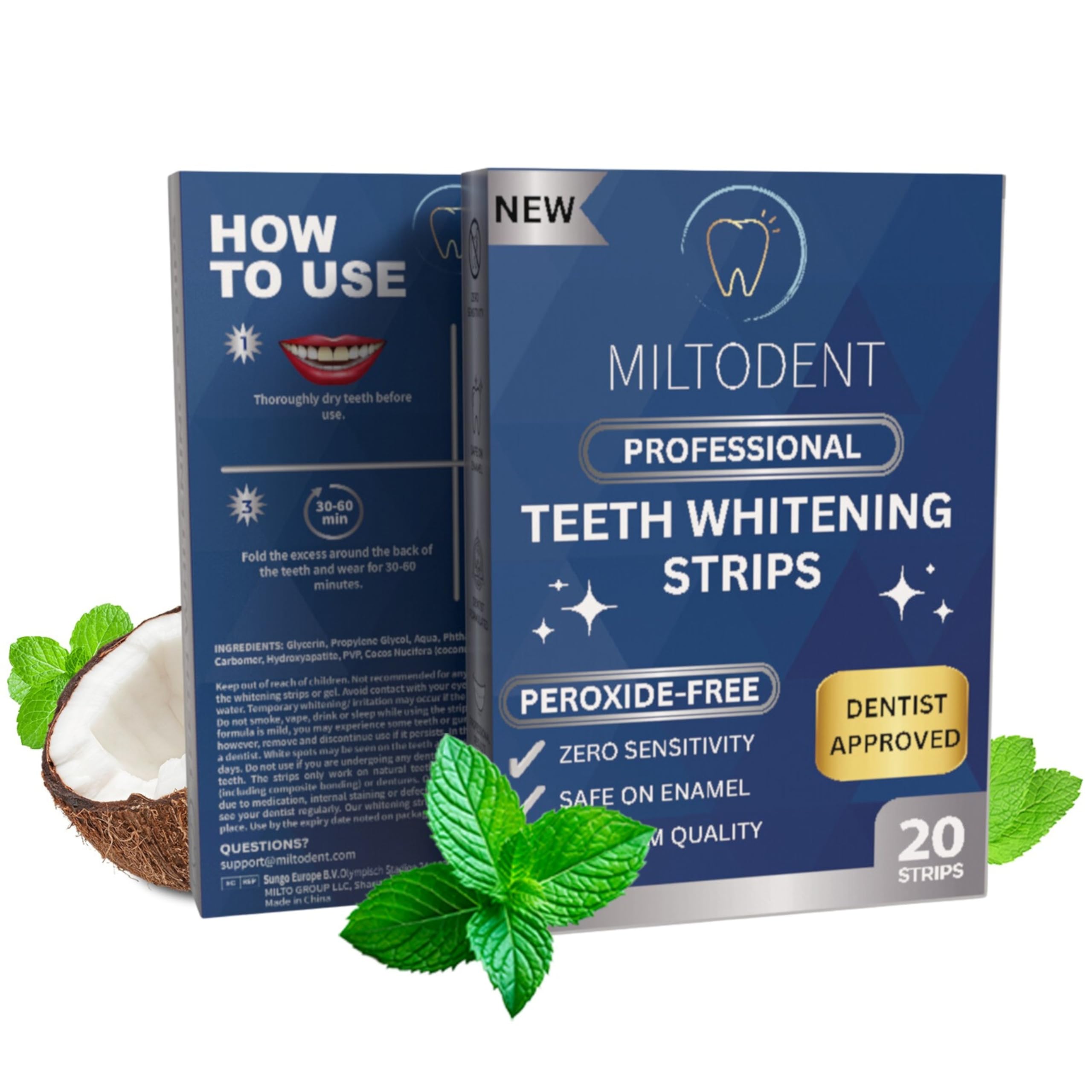 MILTODENT Professional Teeth Whitening Strips | Non-Sensitive | 20 Peroxide-Free Teeth Whitening Strips | Dentist Formulated | Enamel Safe | Pain-Free | Pap Formula | Mint, Coconut Flavour