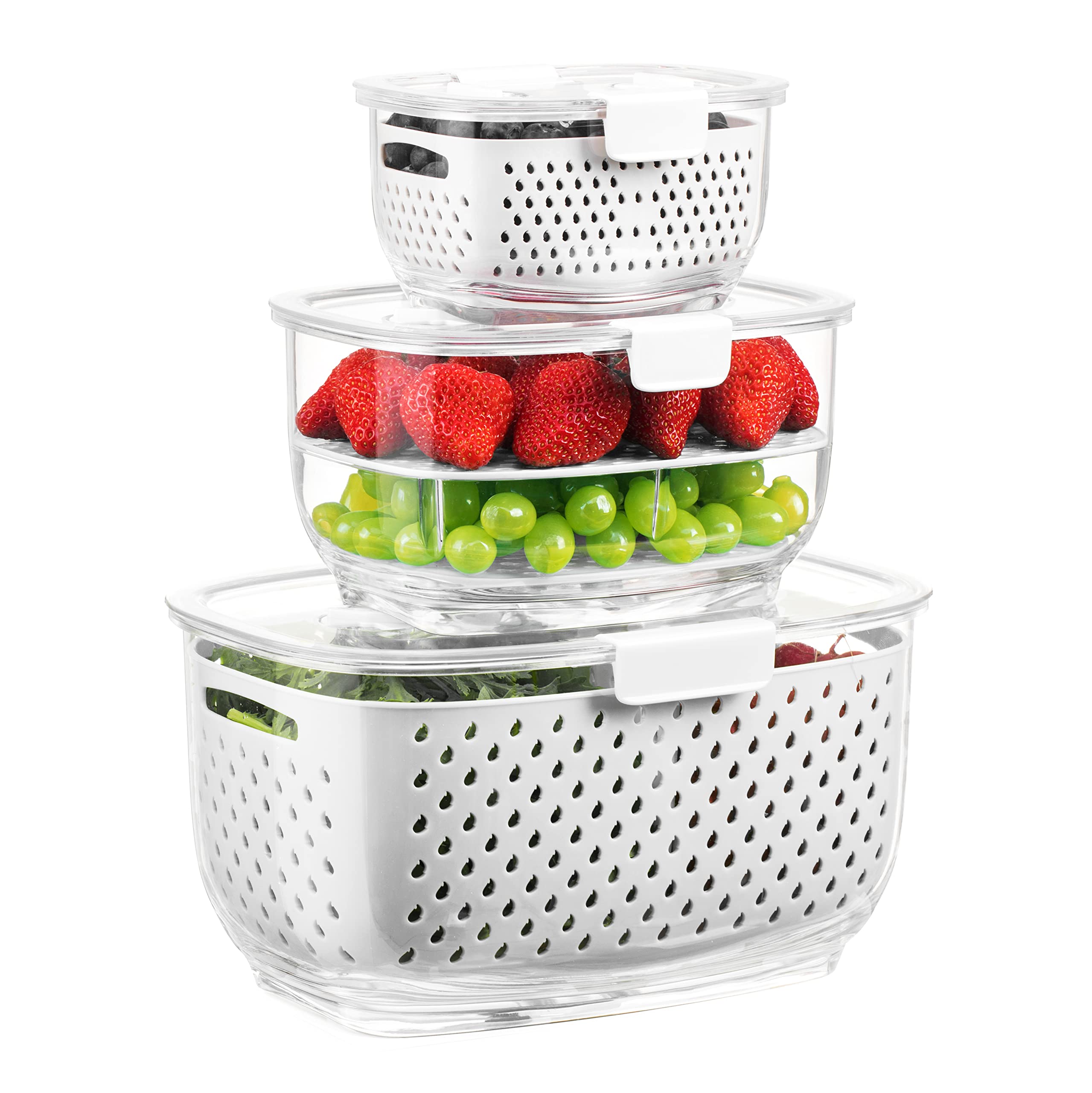 LUXEAR Fresh Produce Vegetable Fruit Storage Containers 3Piece Set, BPA-free, Partitioned Salad Container, Fridge Organizers, Used in Storing Fruits Vegetables, White