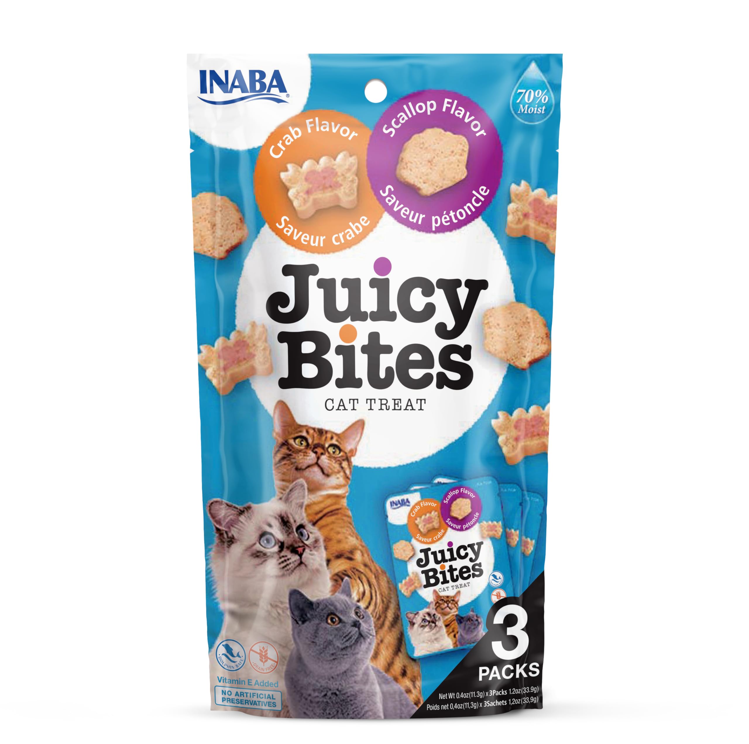 Juicy Bites by INABA Cat Treat - Crab & Scallop Flavour (3 x 11.3g) / Soft & Moist Cat Treat, Delicious & Healthy Snack for Cats, Hand Feeding Nibbles, Bite Sized Snack, Natural, Grain Free