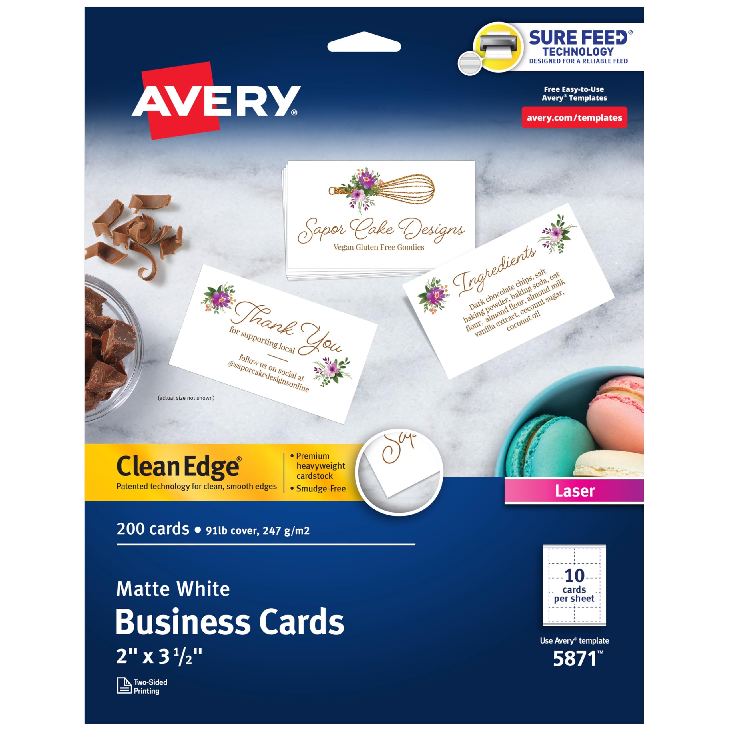 Avery Clean Edge Printable Business Cards with Sure Feed Technology, 2" x 3.5", White, 200 Blank Cards for Laser Printers (5871)