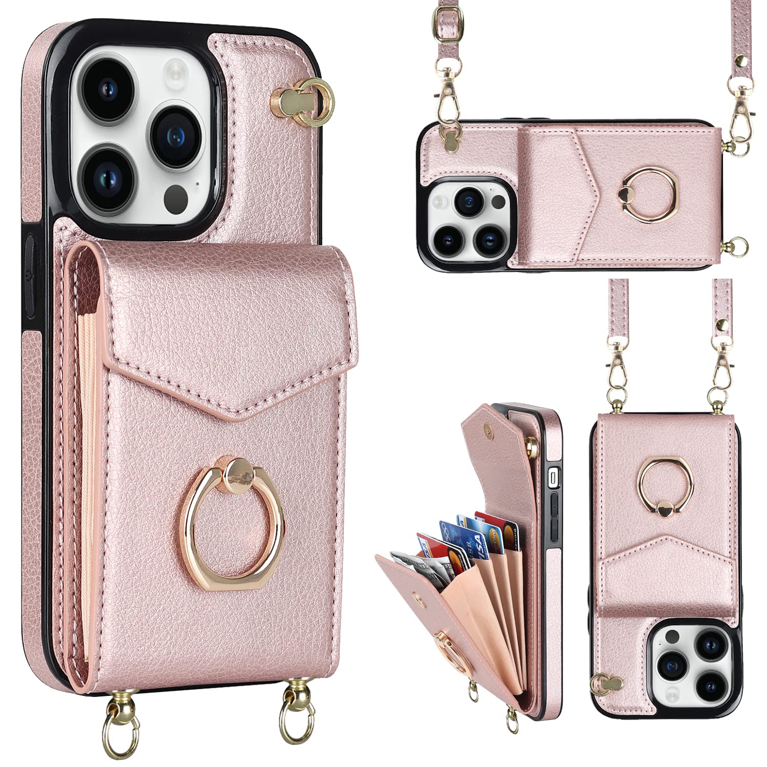 SZHAIYU Flip Leather Wallet Phone Cases for iPhone 14 Pro Max Crossbody Case with Credit Card Holder Ring Strap Lanyard 6.7'' Women RFID Blocking Protective Purse (Pink,IP 14 Pro Max)