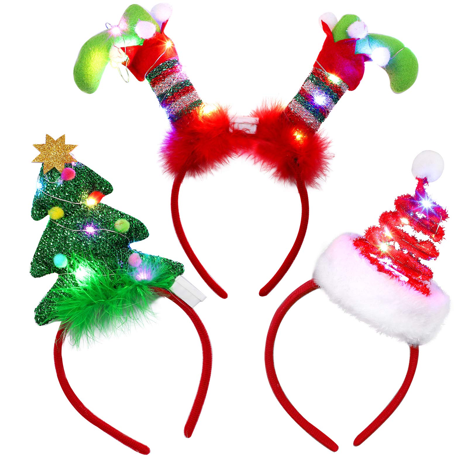 URATOT3 Pack Christmas LED Headbands Christmas Tree Costume Headwear Elves Hair Hoop for Xmas Party Supplies