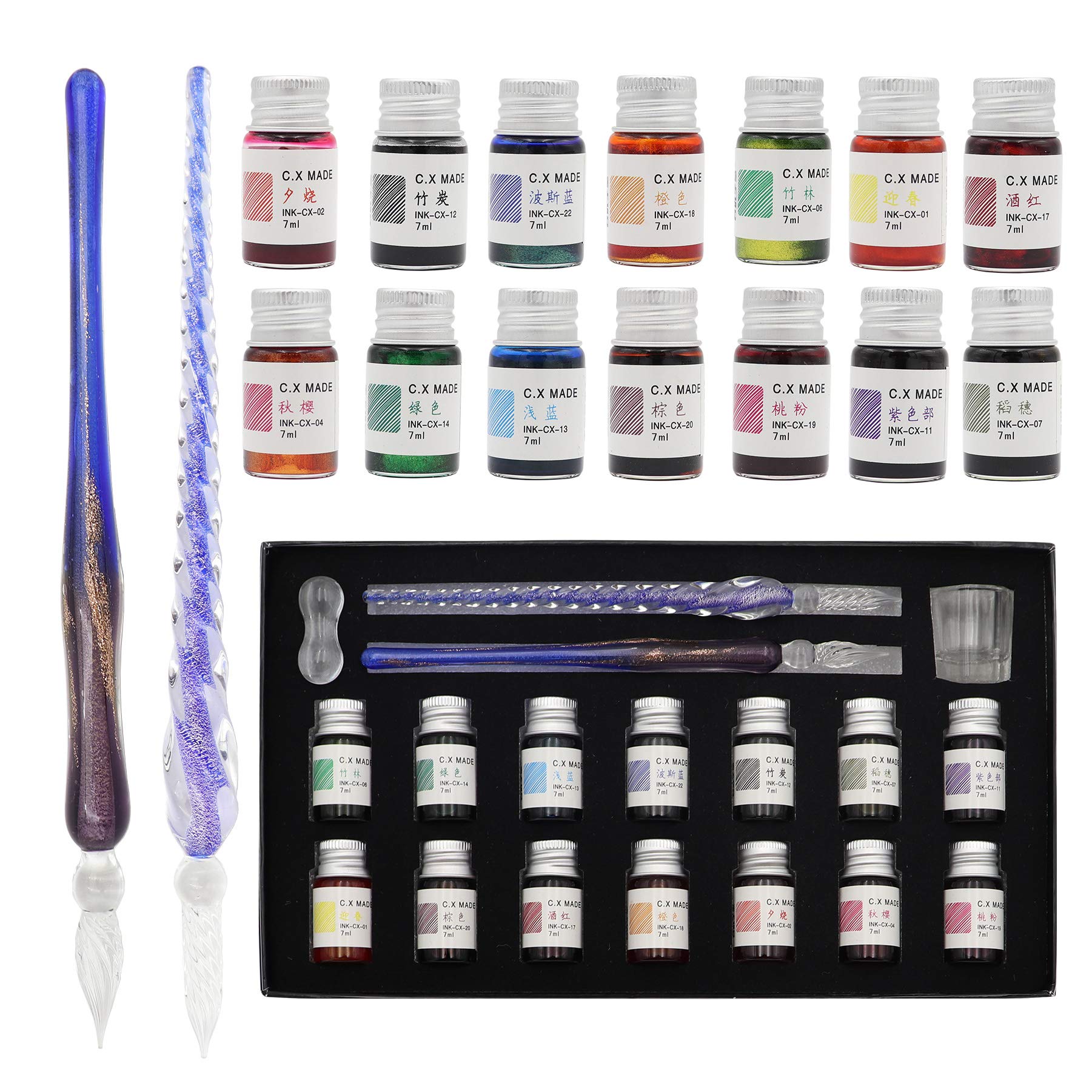 AXEARTE Glass Dip Pen Set, 18-Pieces Calligraphy Pens Set - 14 Color Inks, Pen Holder, Cleaning Cup, 2 Crystal Glass Pens for Art, Writing, Drawing, Signatures, Gift for Kids and Artist