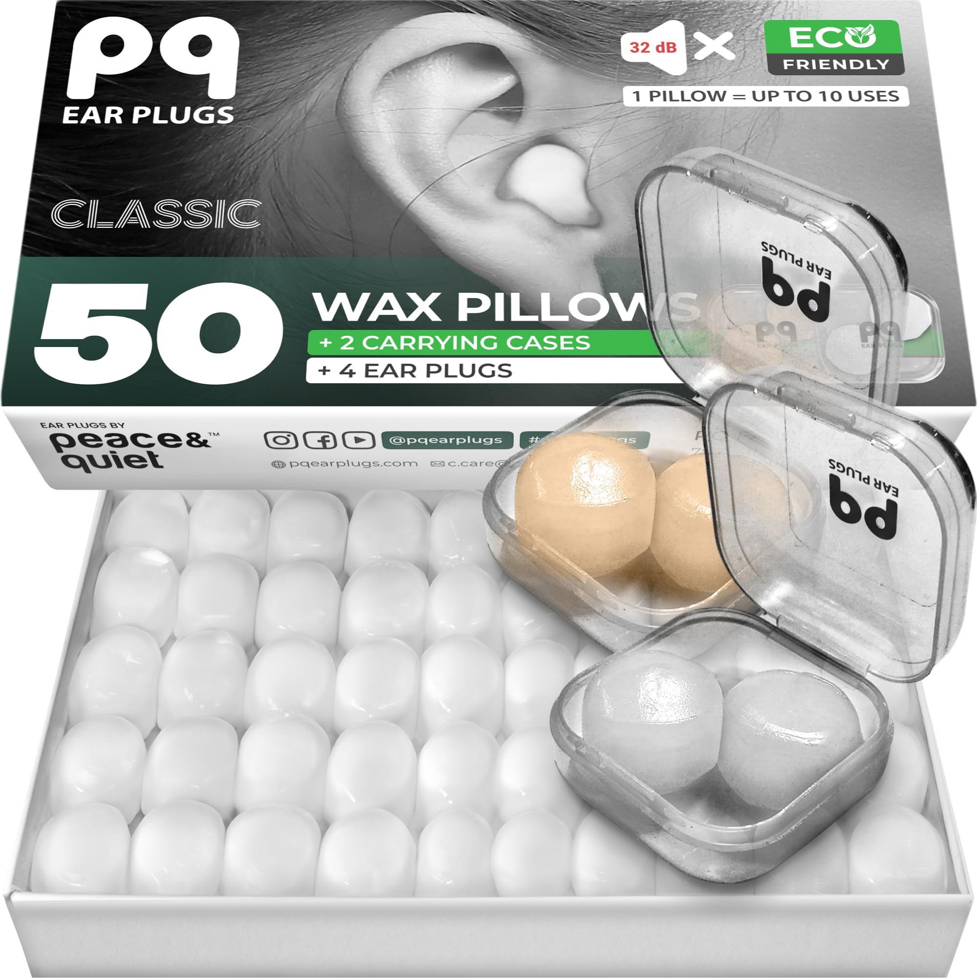 PQ Wax Ear Plugs for Sleeping, Swimming - 50 Noise Cancelling Silicone Gel Wax Earplugs, Ear Protection for Sleep and Swim, Soft Wax Pillows with Sound Blocking Level 32Db, (50 Pillows), Color: White