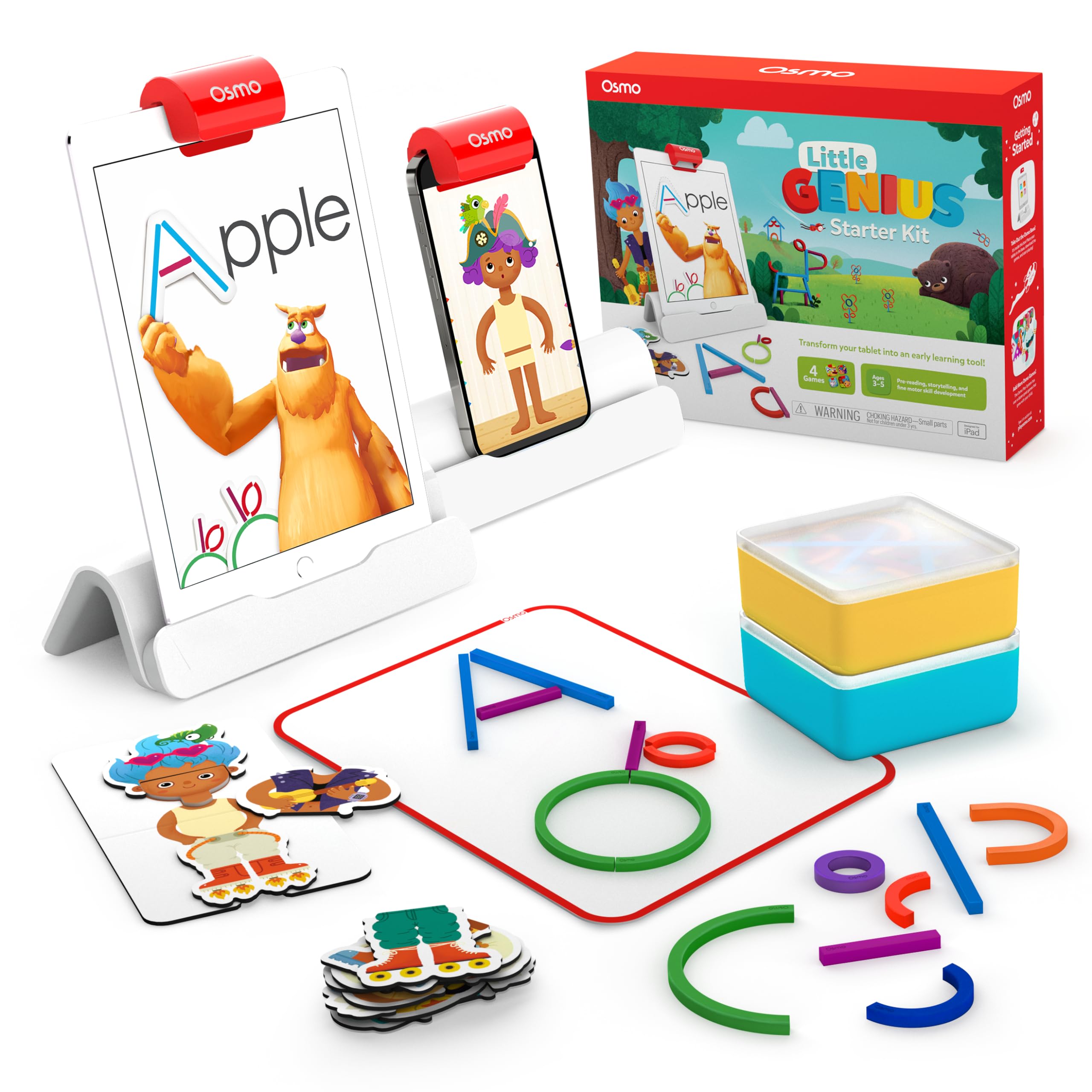 OsmoLittle Genius Starter Kit for iPad & iPhone - 4 Hands-On Learning Games - Ages 3-5 - Problem Solving, Phonics & Creativity (Osmo iPad Base Included), Multicolor